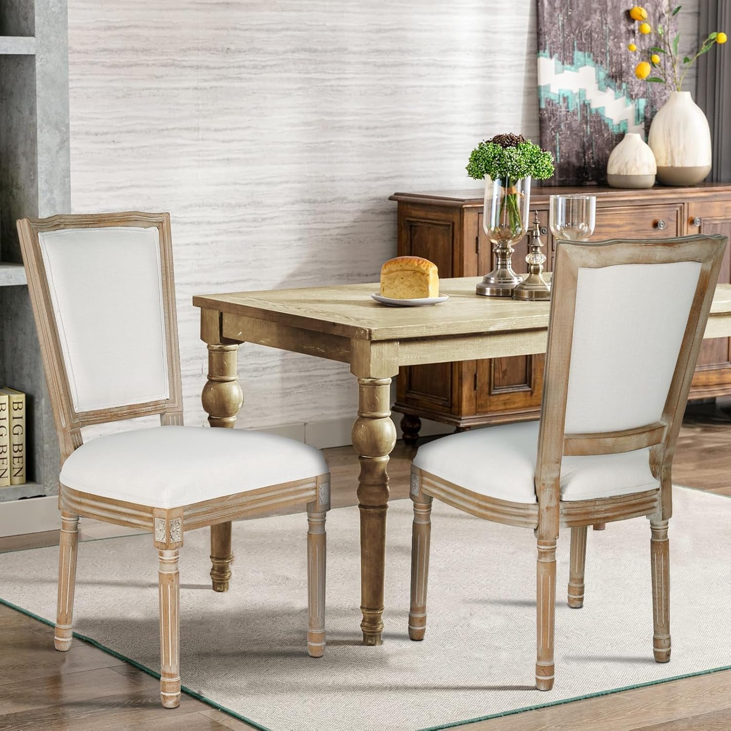 Dining Chairs Set Of 2 Beige Fabric Square Back With Solid Wood Frame
