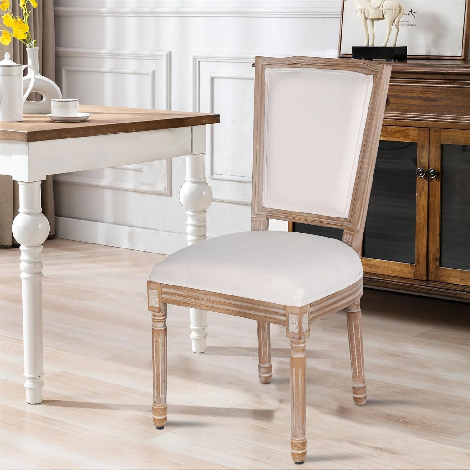 Dining Chairs Set Of 2 Beige Fabric Square Back With Solid Wood Frame