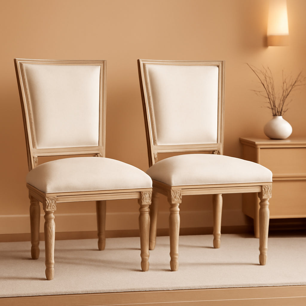 Dining Chairs Set Of 2 Beige Fabric Square Back With Solid Wood Frame