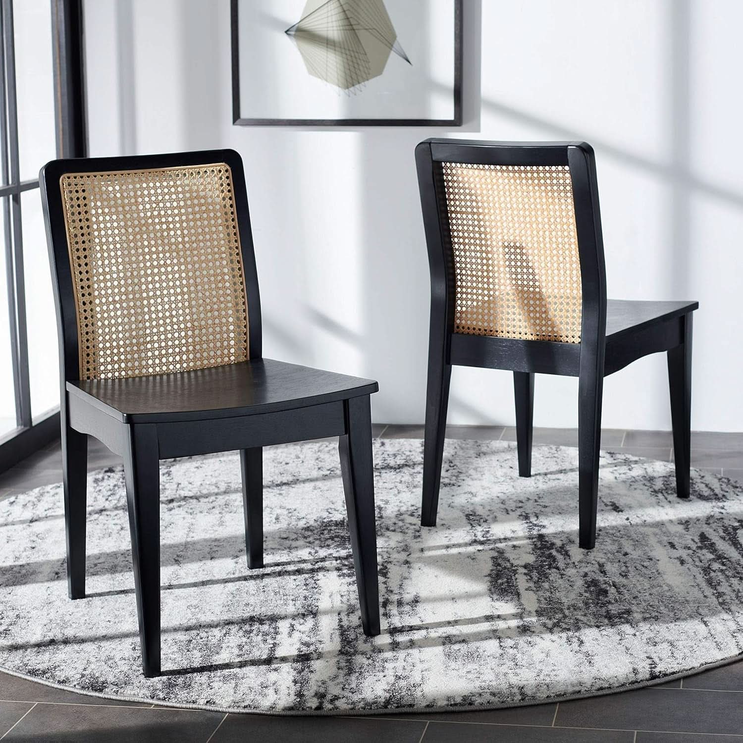 Dining Chairs Set Of 2 Black Natural Rattan Back For Dining Room