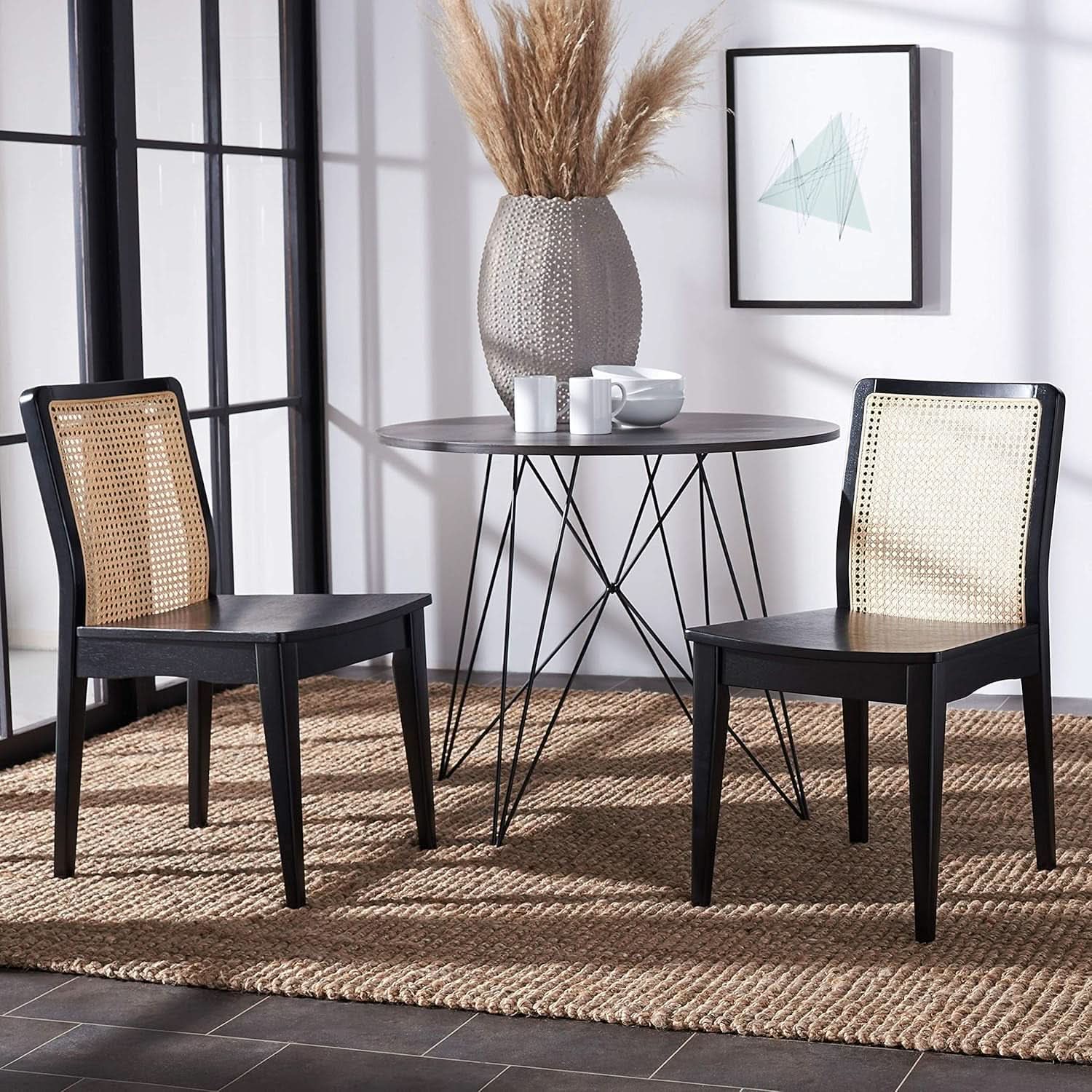 Dining Chairs Set Of 2 Black Natural Rattan Back For Dining Room