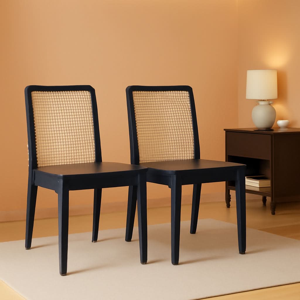 Dining Chairs Set Of 2 Black Natural Rattan Back For Dining Room