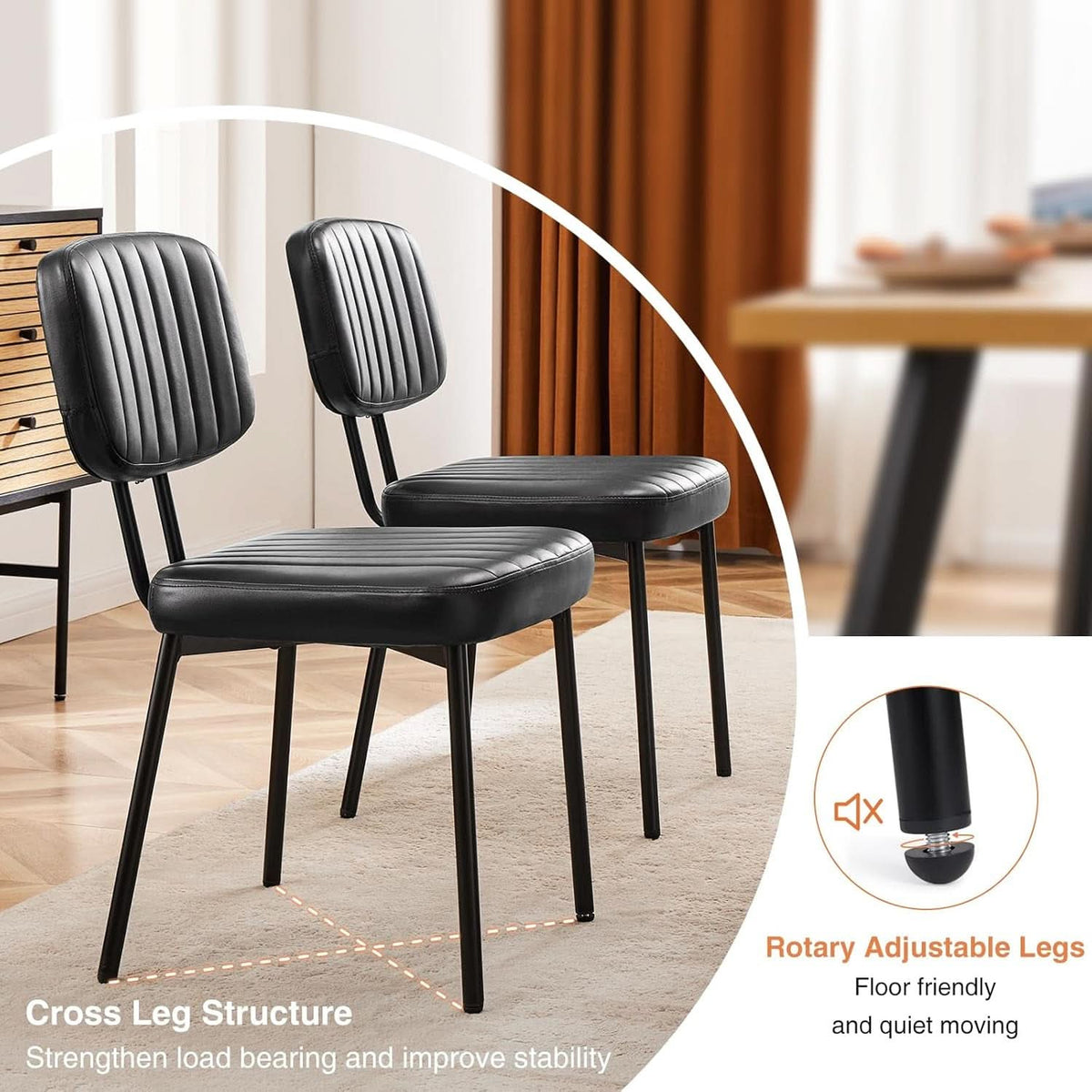 Dining Chairs Set Of 4 Black Faux Leather Seats Mid Century