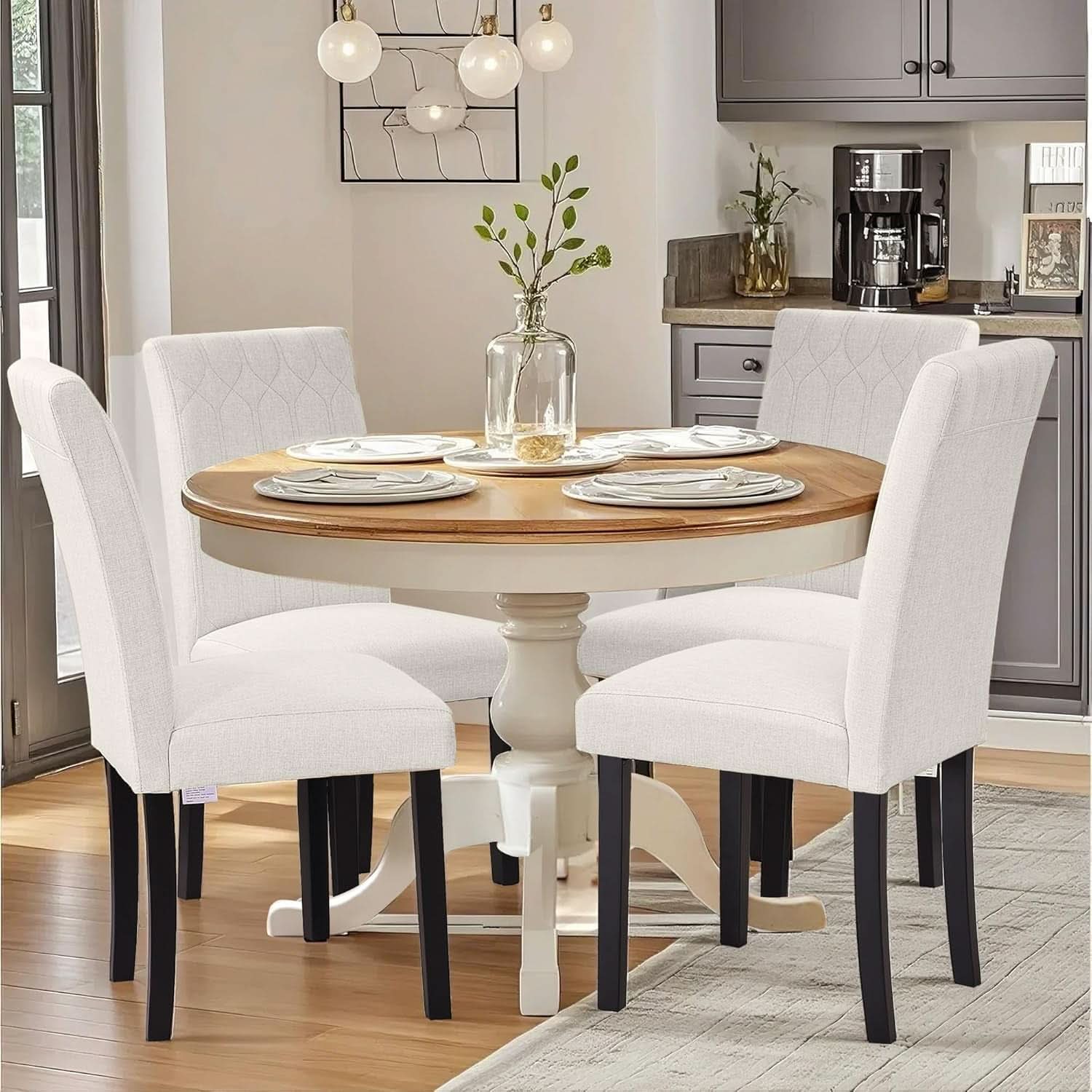 Dining Chairs Set Of 6 Beige Upholstered PU Leather Parsons With Wood Legs