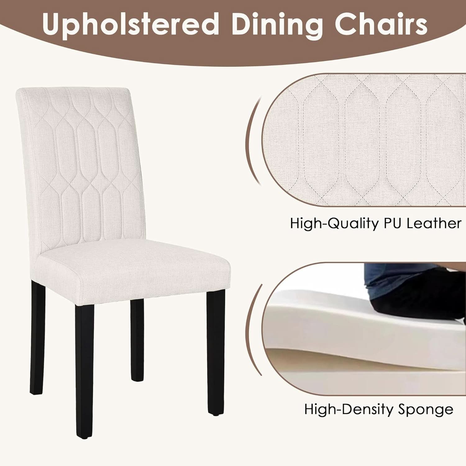 Dining Chairs Set Of 6 Beige Upholstered PU Leather Parsons With Wood Legs