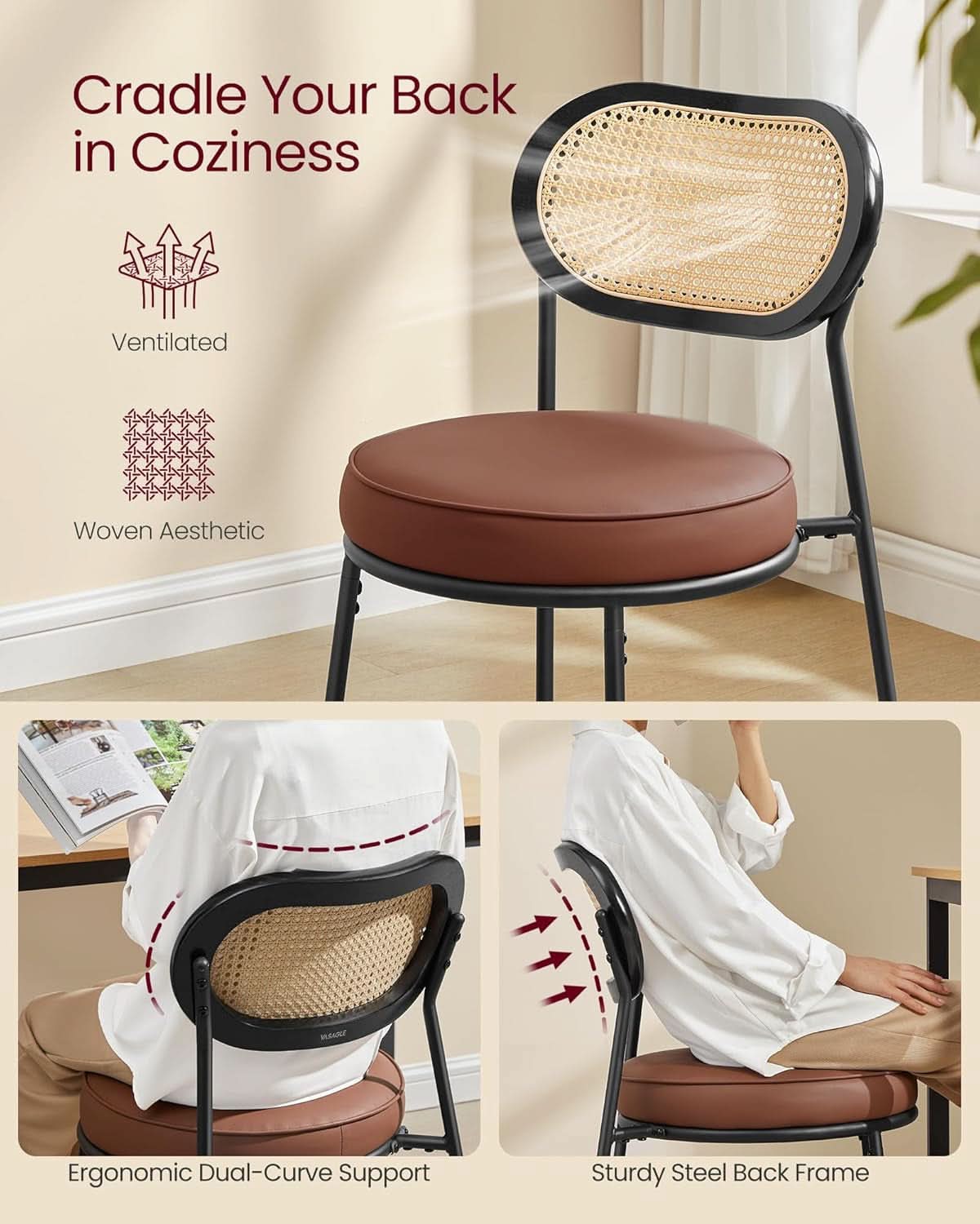 Dining Chairs Set of 4 With Boho Rattan Back Coffee Brown