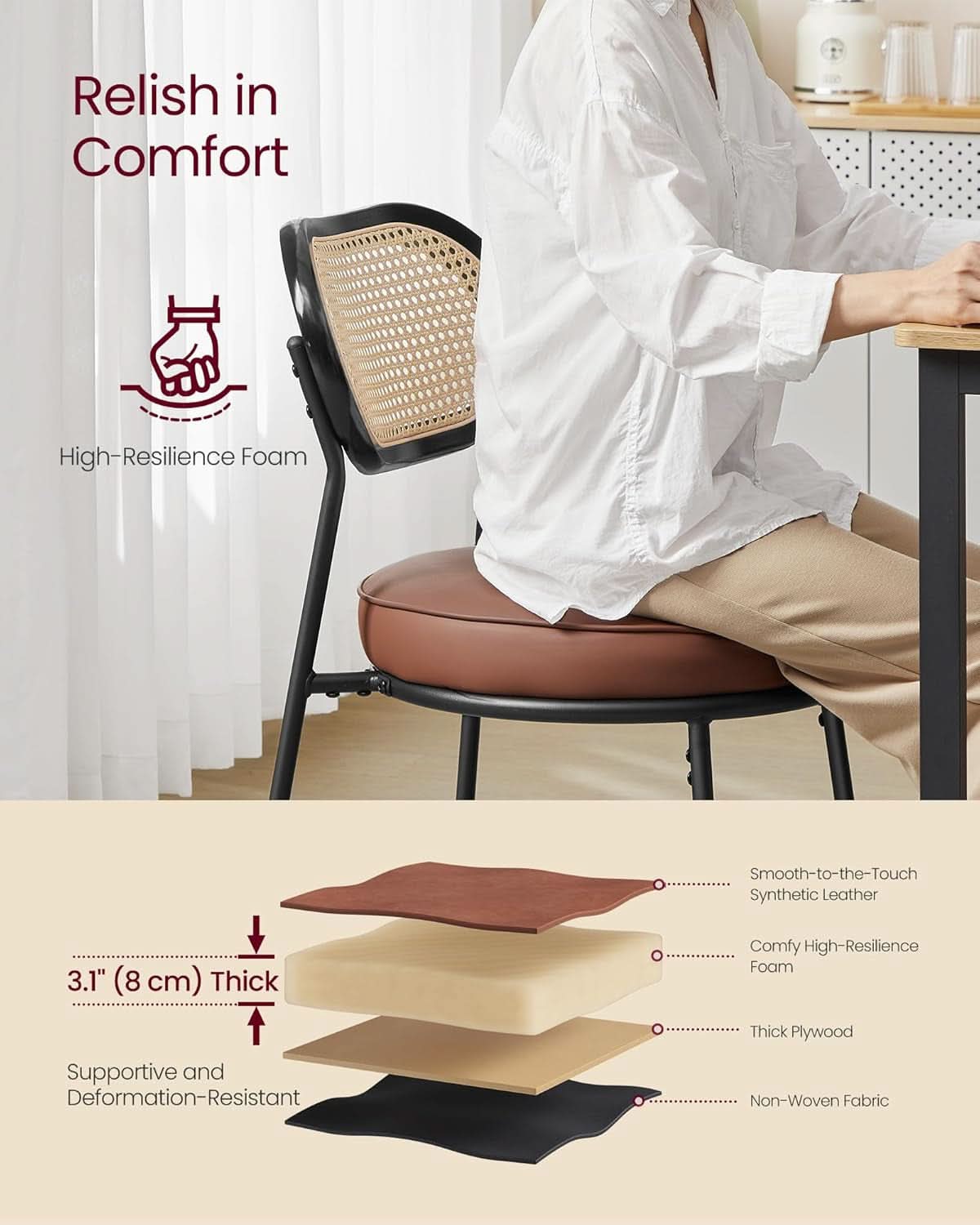 Dining Chairs Set of 4 With Boho Rattan Back Coffee Brown