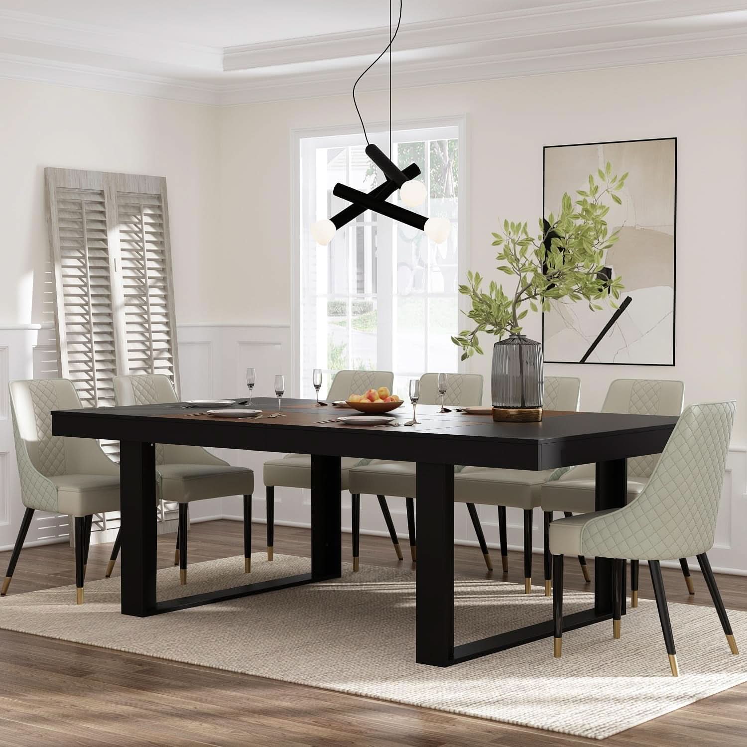 Dining Table 86.6 Inch Rectangular Wood Brown and Black Seats 8 to 10