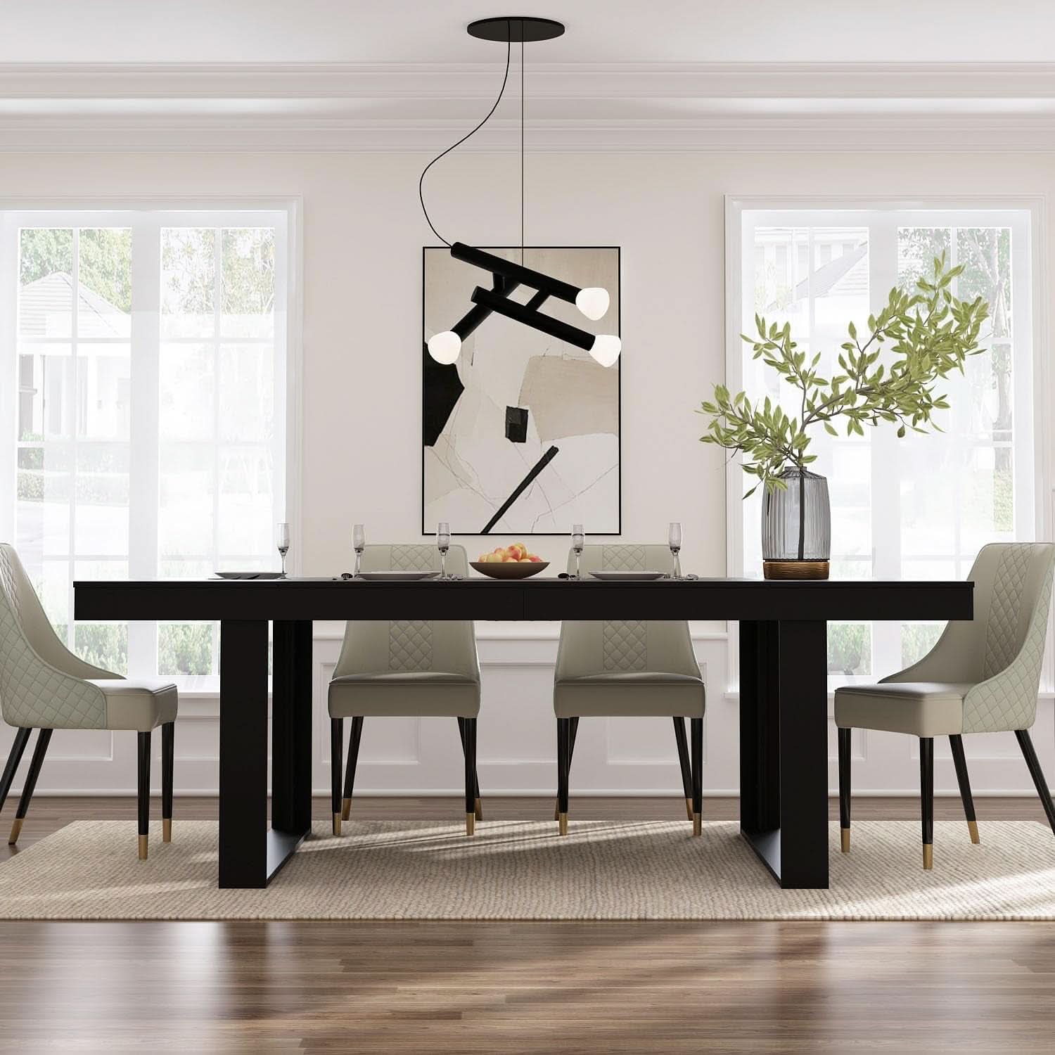 Dining Table 86.6 Inch Rectangular Wood Brown and Black Seats 8 to 10