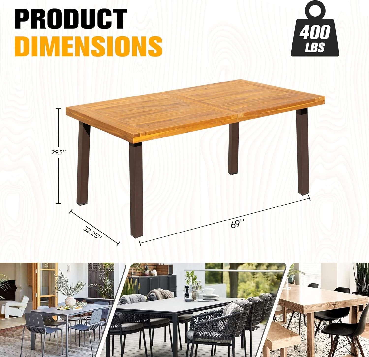 Dining Table For 6 Acacia Wood Indoor Outdoor Iron Legs