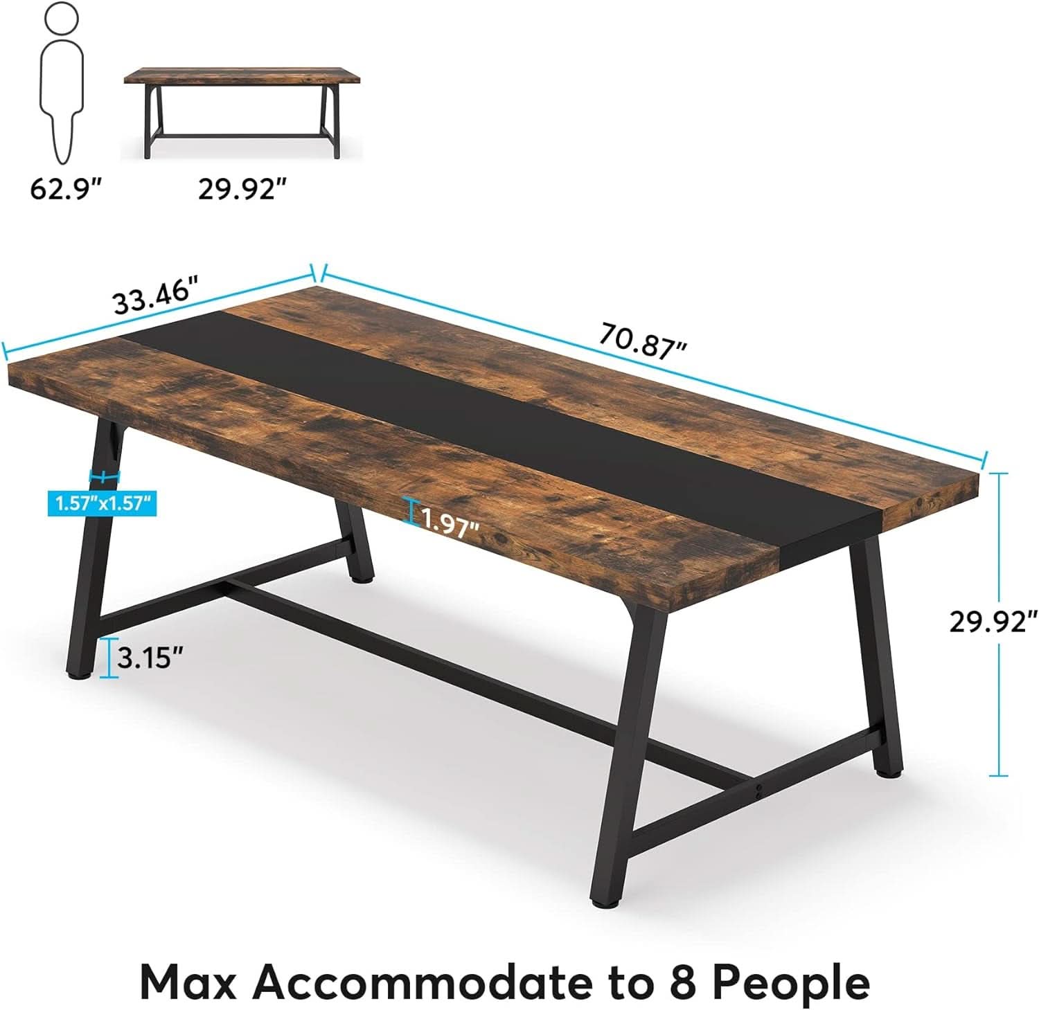 Dining Table For 8 70.87 Inch Rectangular Wood Metal Frame