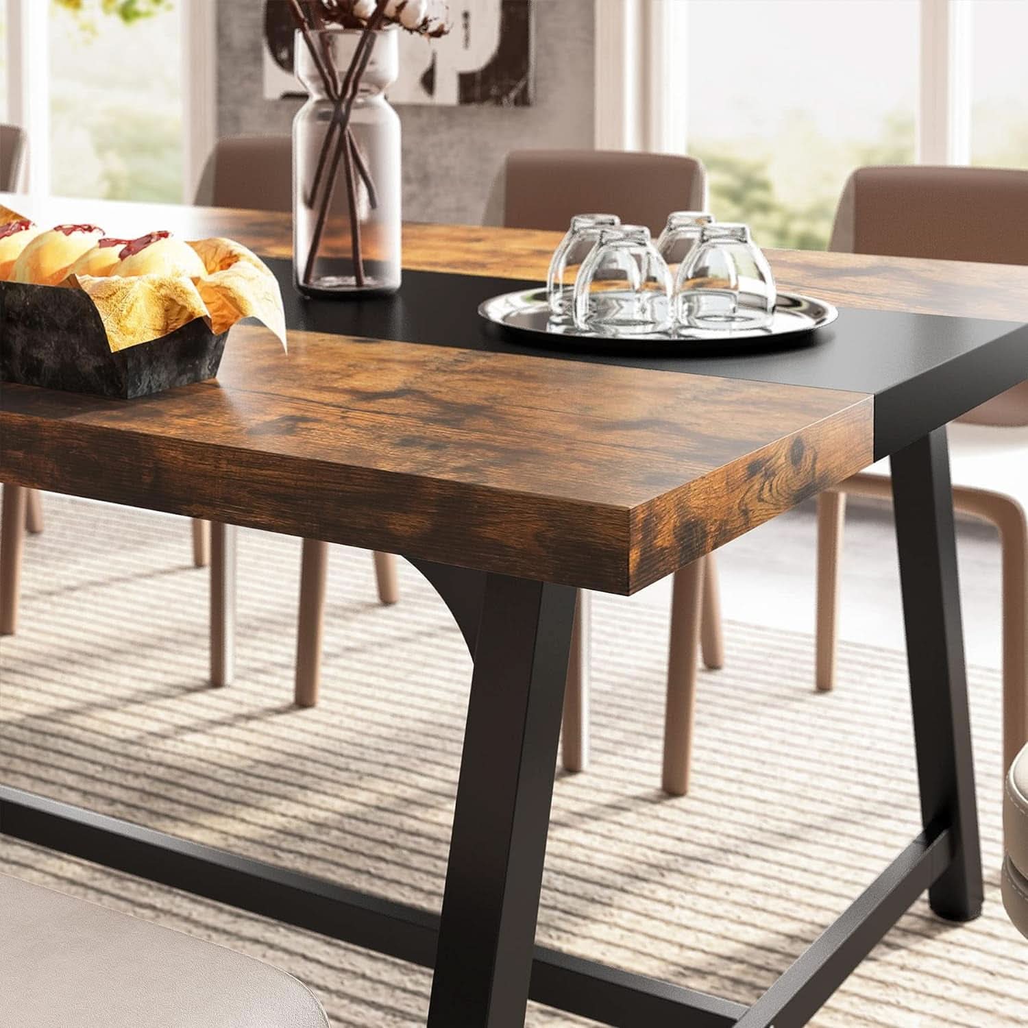 Dining Table For 8 70.87 Inch Rectangular Wood Metal Frame