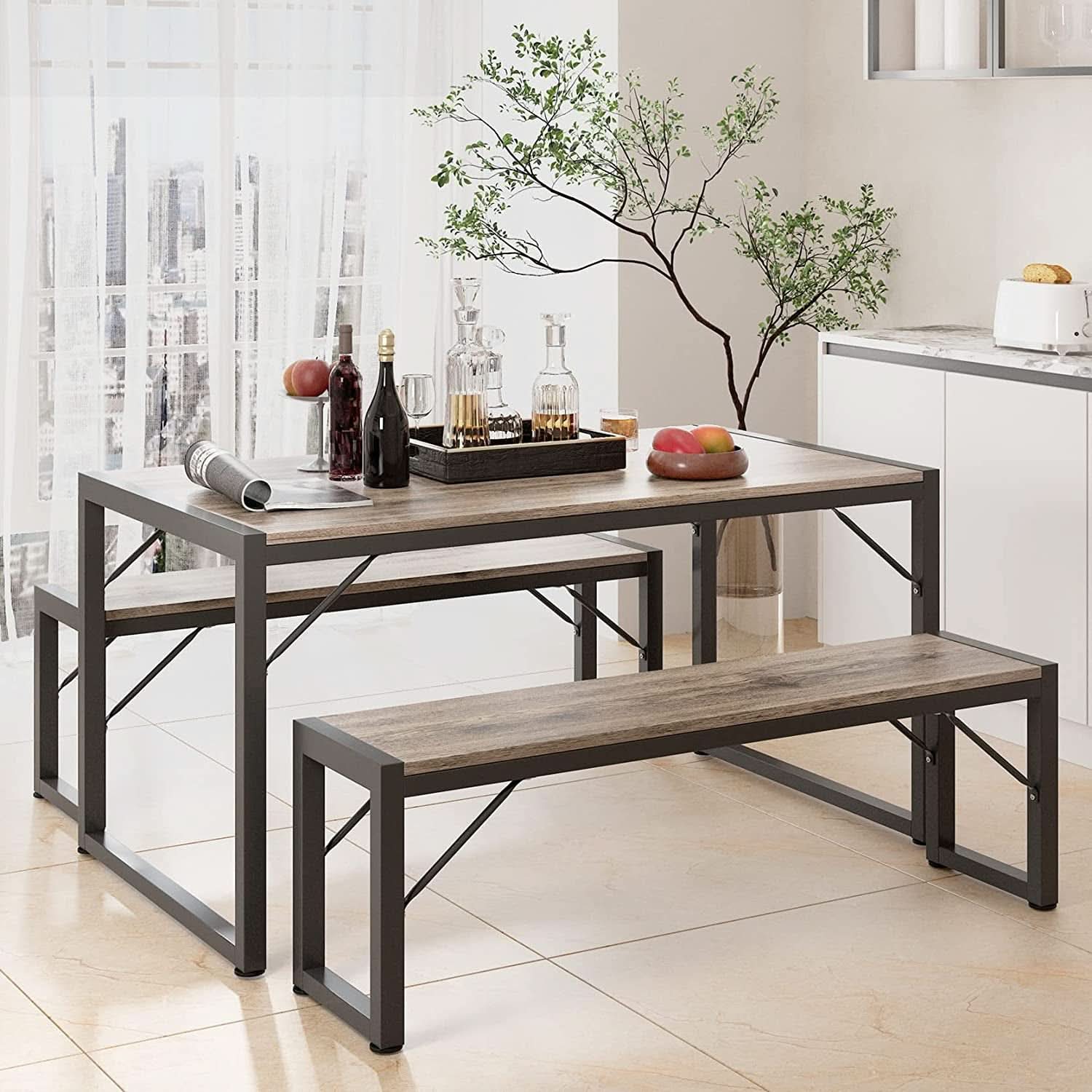 Dining Table Set For 4 With 2 Benches Gray Finish Modern