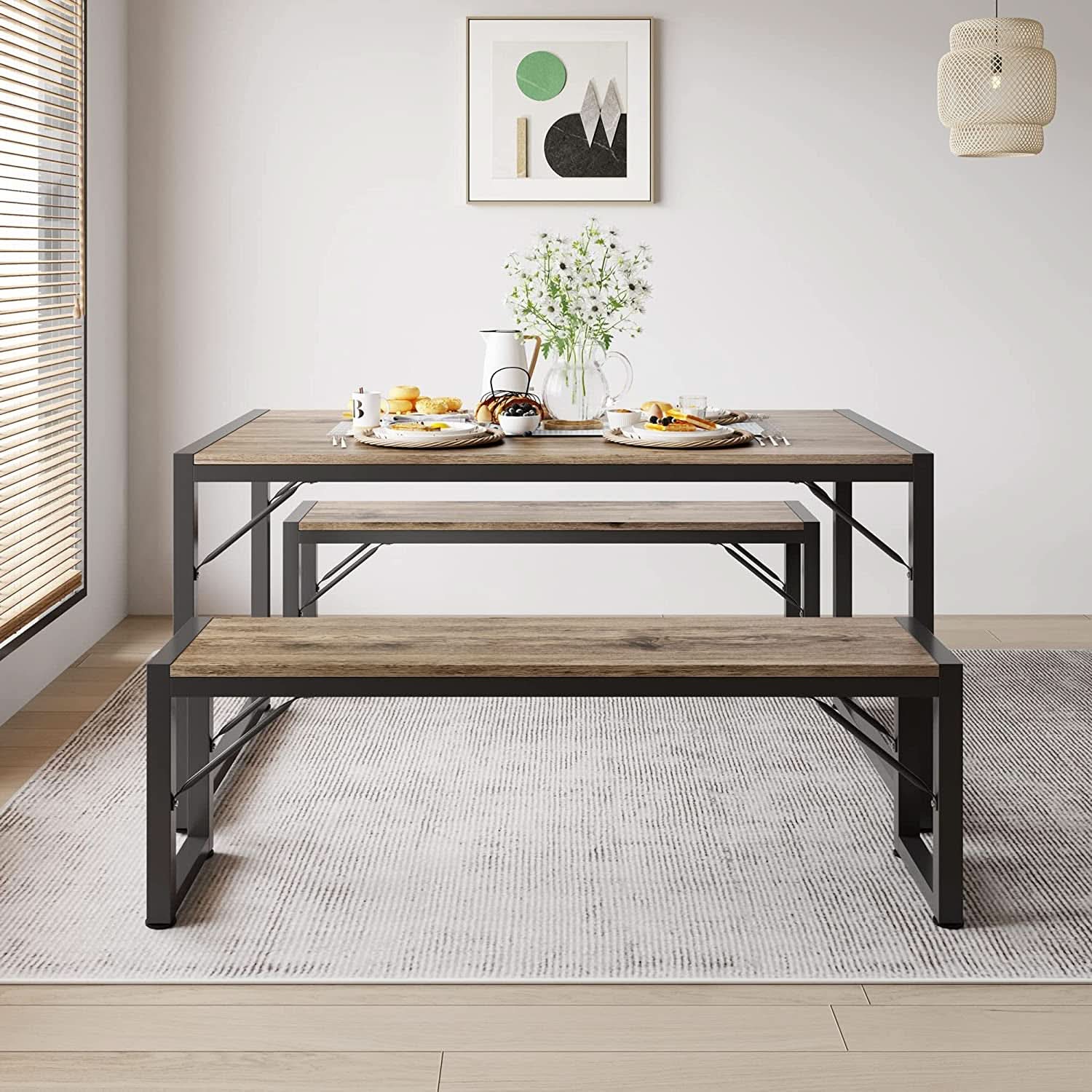 Dining Table Set For 4 With 2 Benches Gray Finish Modern