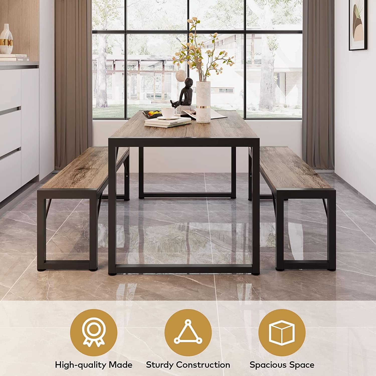 Dining Table Set For 4 With 2 Benches Gray Finish Modern