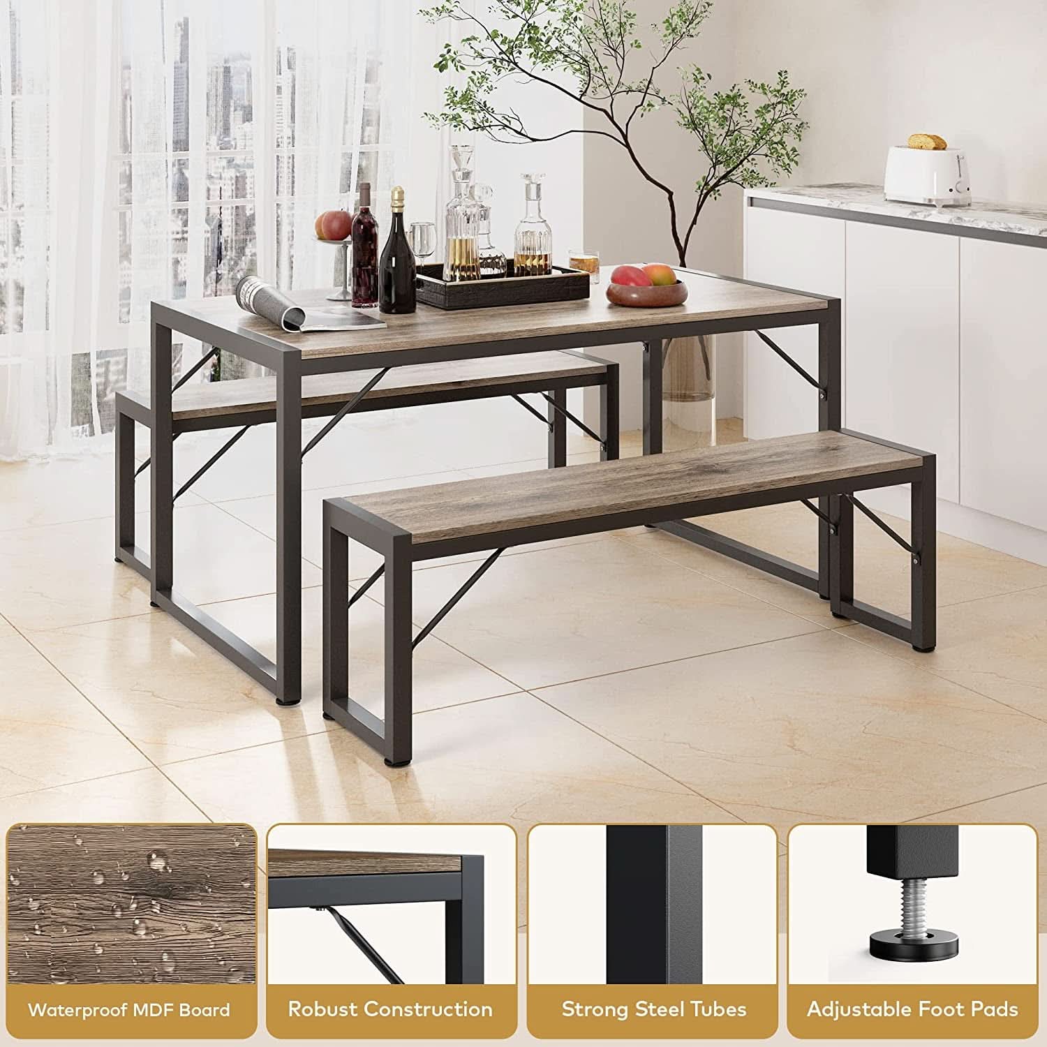 Dining Table Set For 4 With 2 Benches Gray Finish Modern