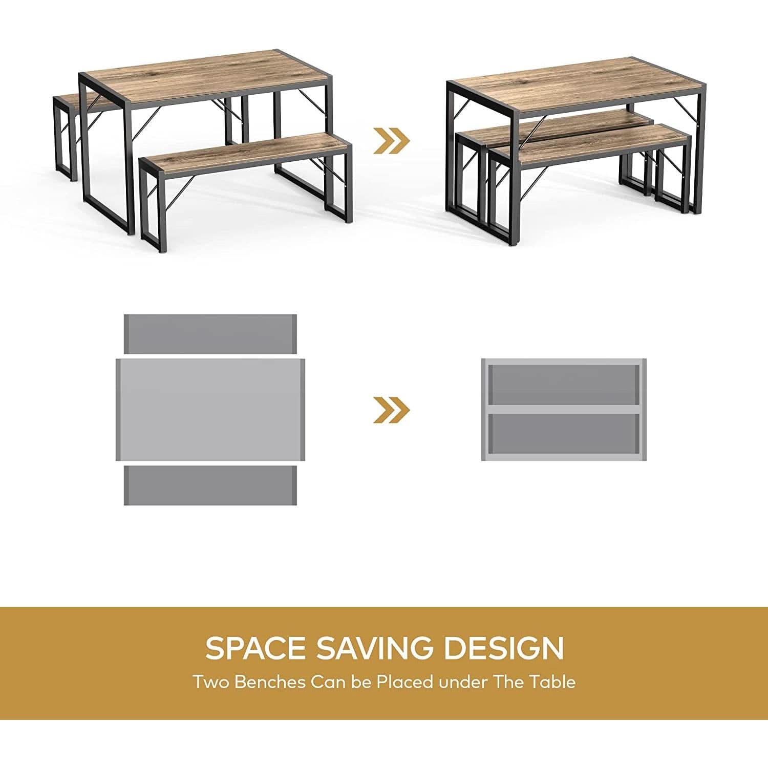 Dining Table Set For 4 With 2 Benches Gray Finish Modern