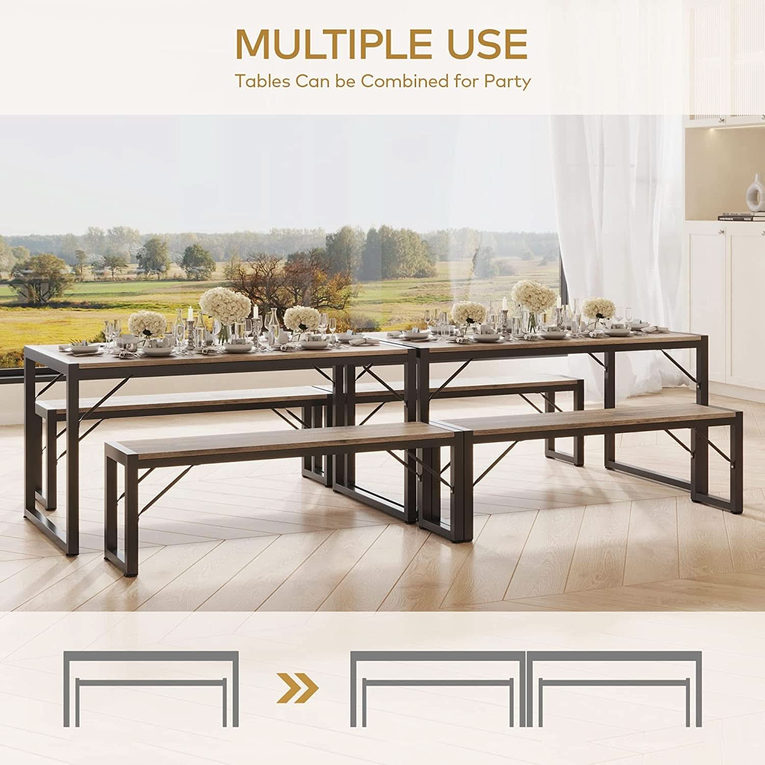 Dining Table Set For 4 With 2 Benches Gray Finish Modern