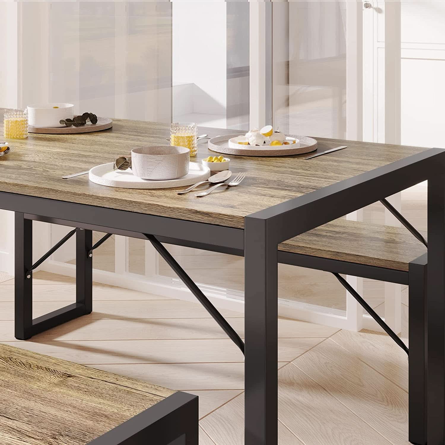 Dining Table Set For 4 With 2 Benches Gray Finish Modern