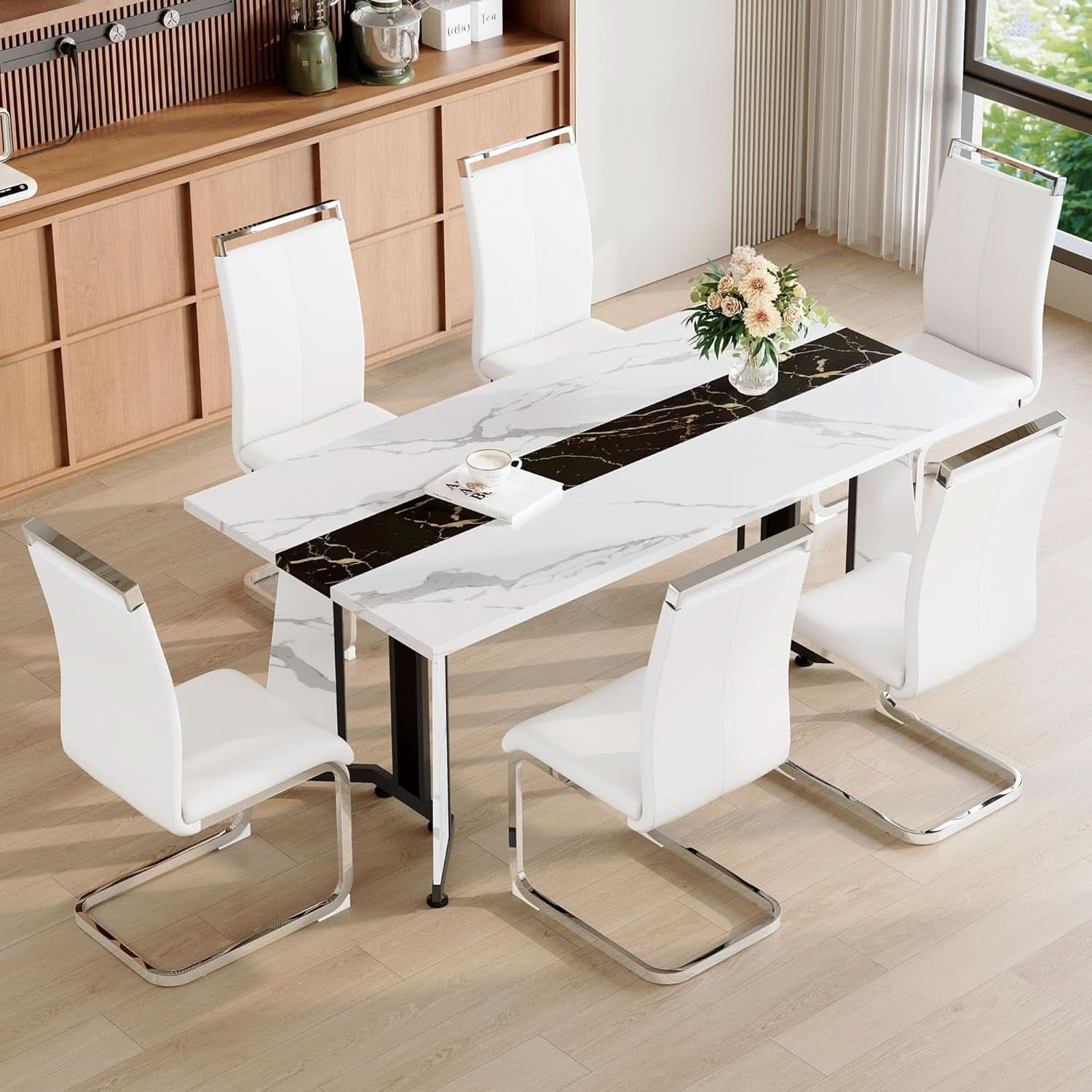 Dining Table Set For Six Seventy One Inch White Marble Top Leather Chairs