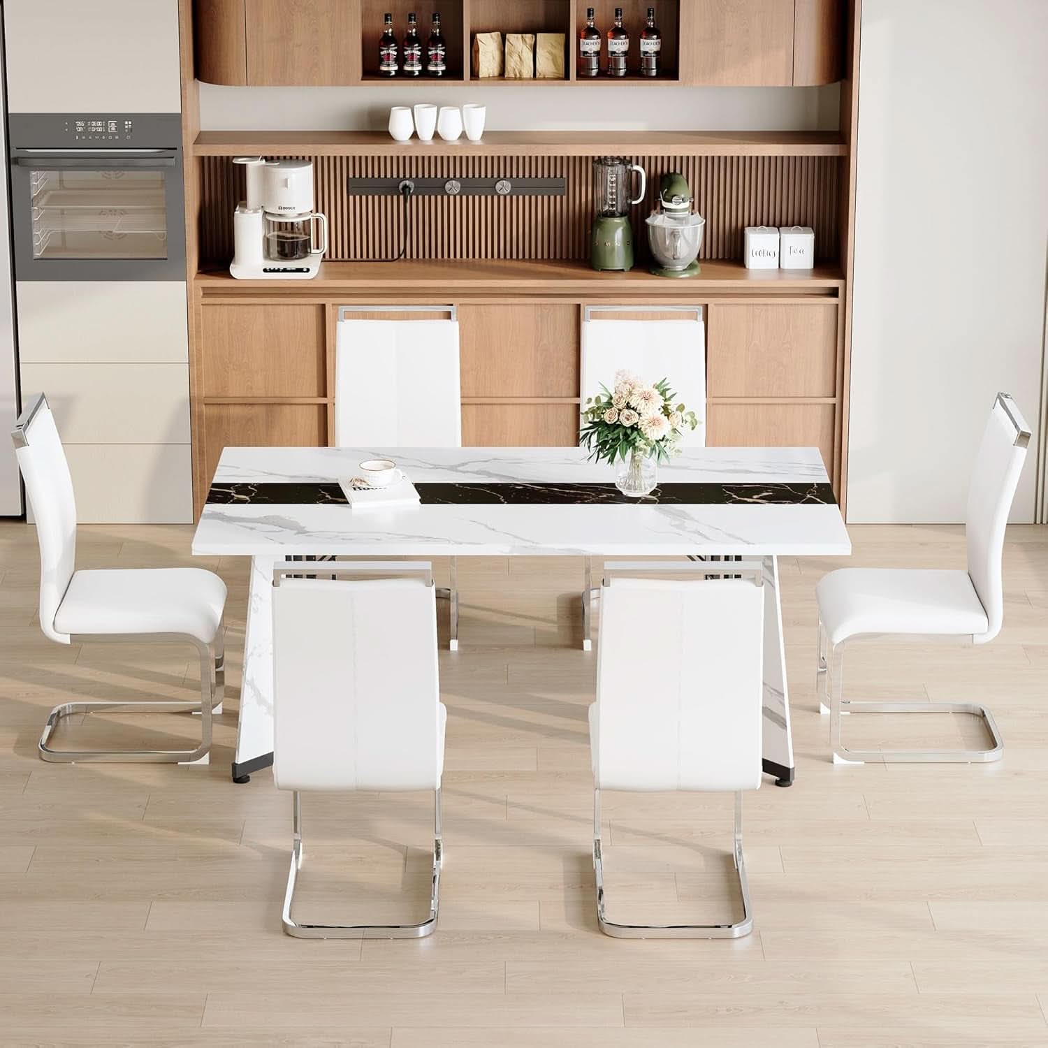 Dining Table Set For Six Seventy One Inch White Marble Top Leather Chairs