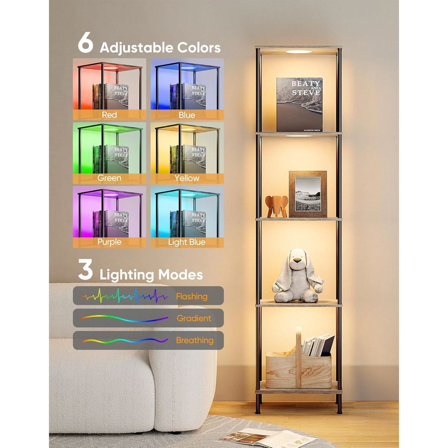 Display Shelf Floor Lamp With RGBW Light Gray Five Tier