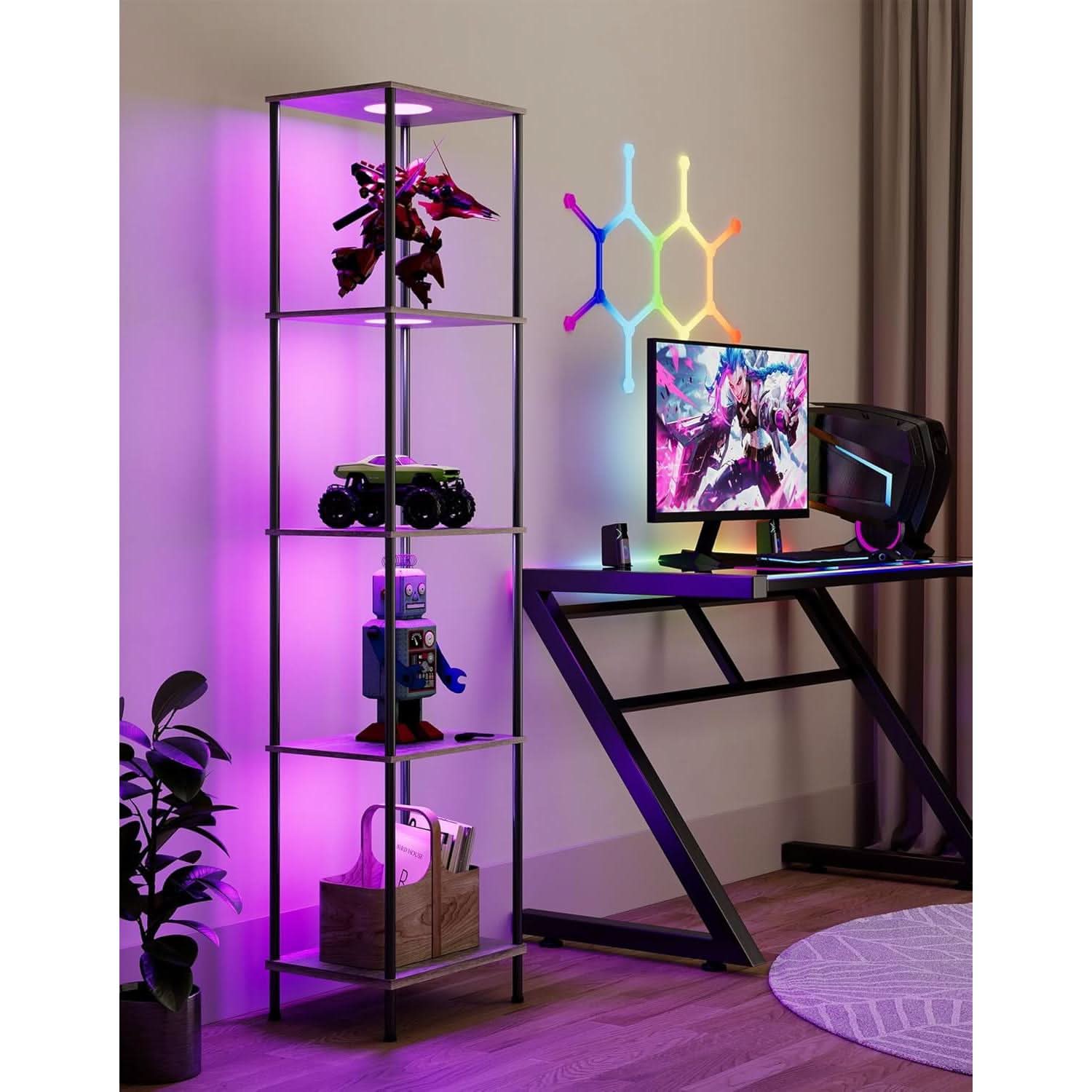 Display Shelf Floor Lamp With RGBW Light Gray Five Tier
