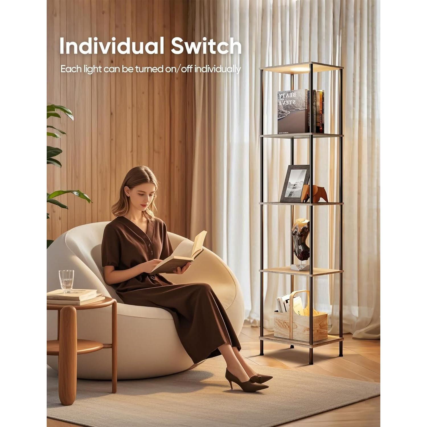 Display Shelf Floor Lamp With RGBW Light Gray Five Tier