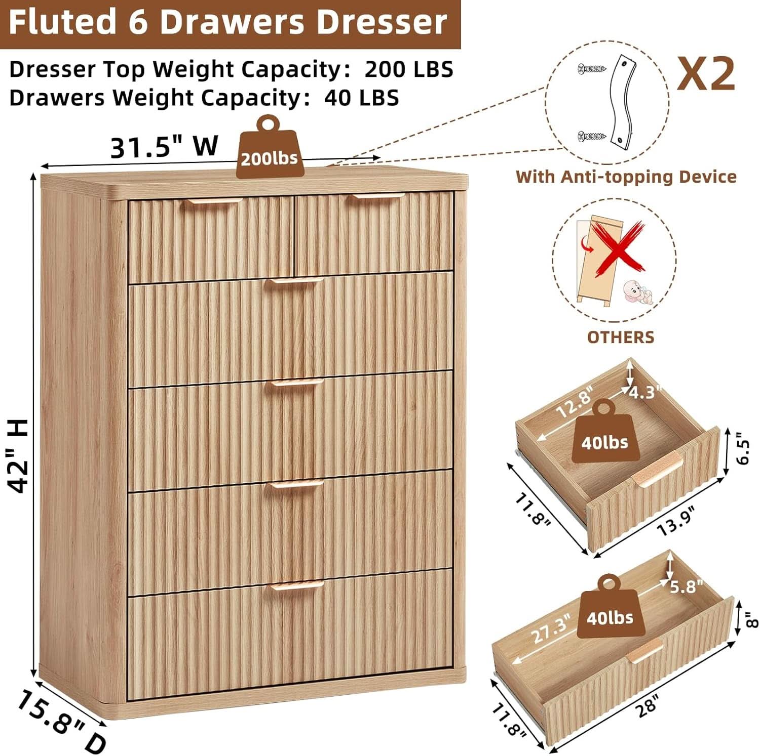Distressed Fluted Dresser Featuring Six Drawers 42Inch