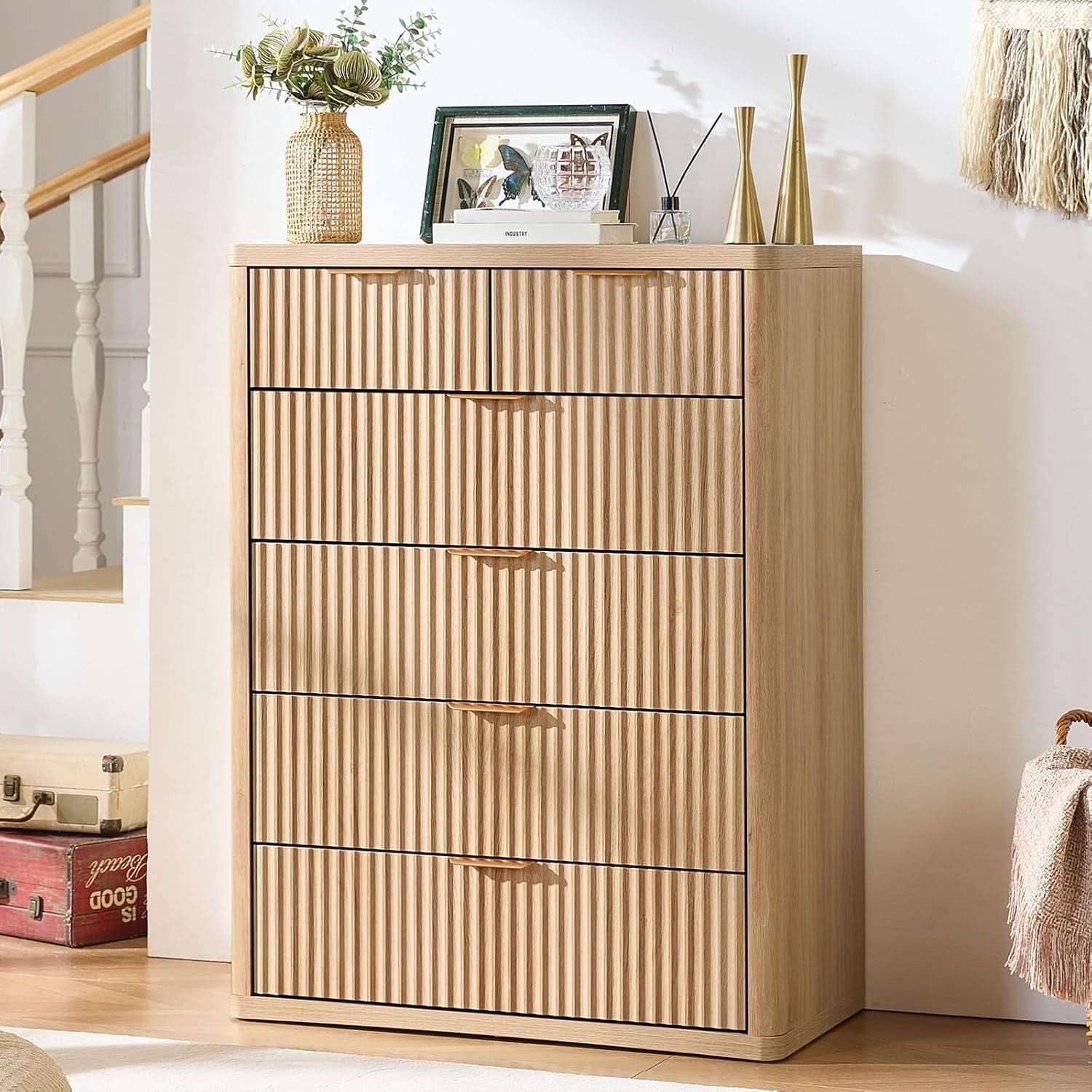 Distressed Fluted Dresser Featuring Six Drawers 42Inch