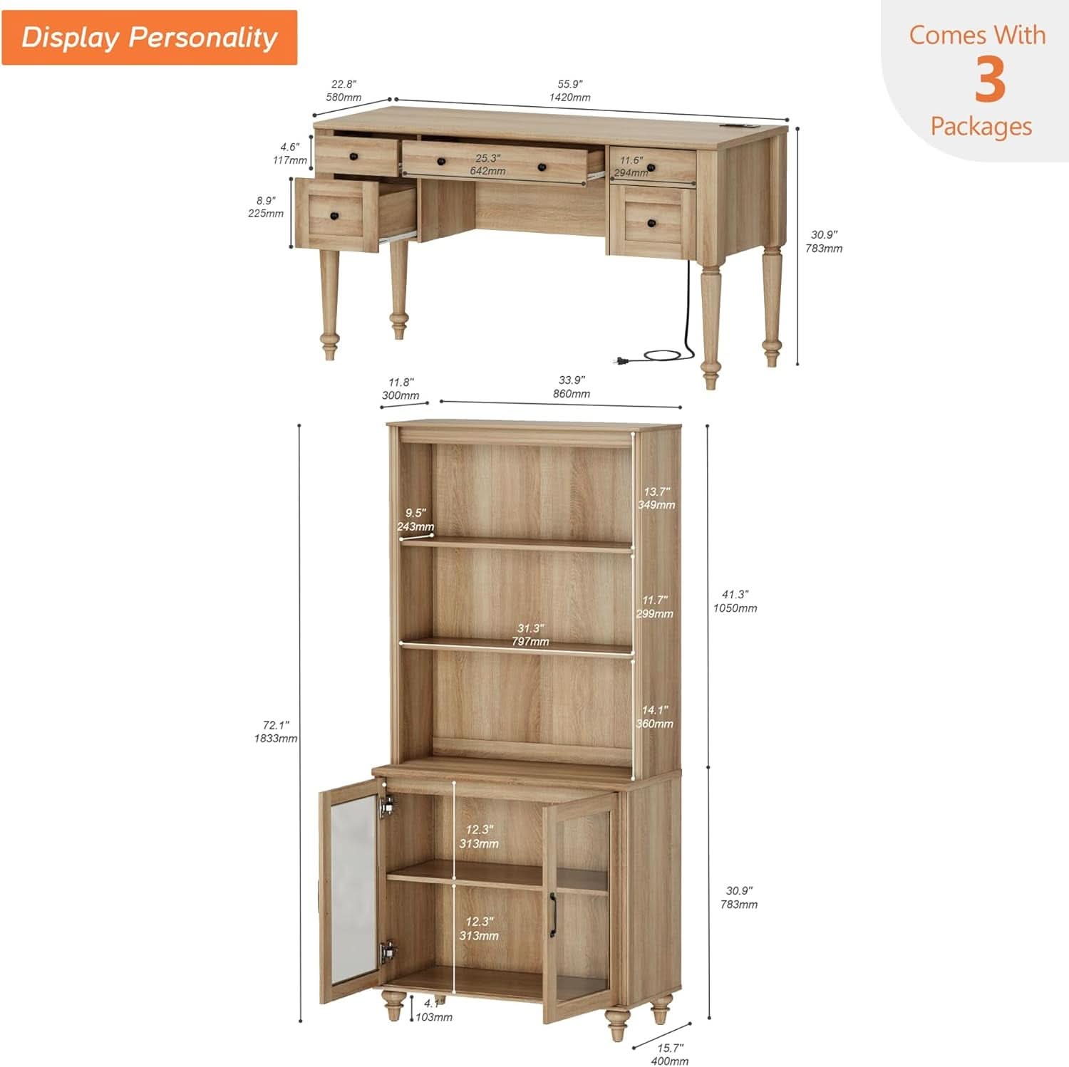 Distressed Oak 56Inch Executive Desk With Charging Station
