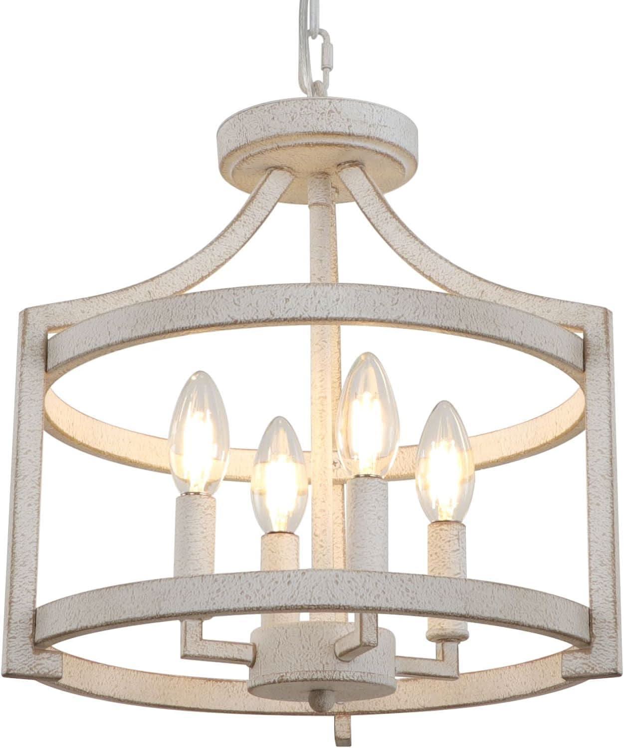 Distressed White 4 Light Farmhouse Chandelier Convertible Mount