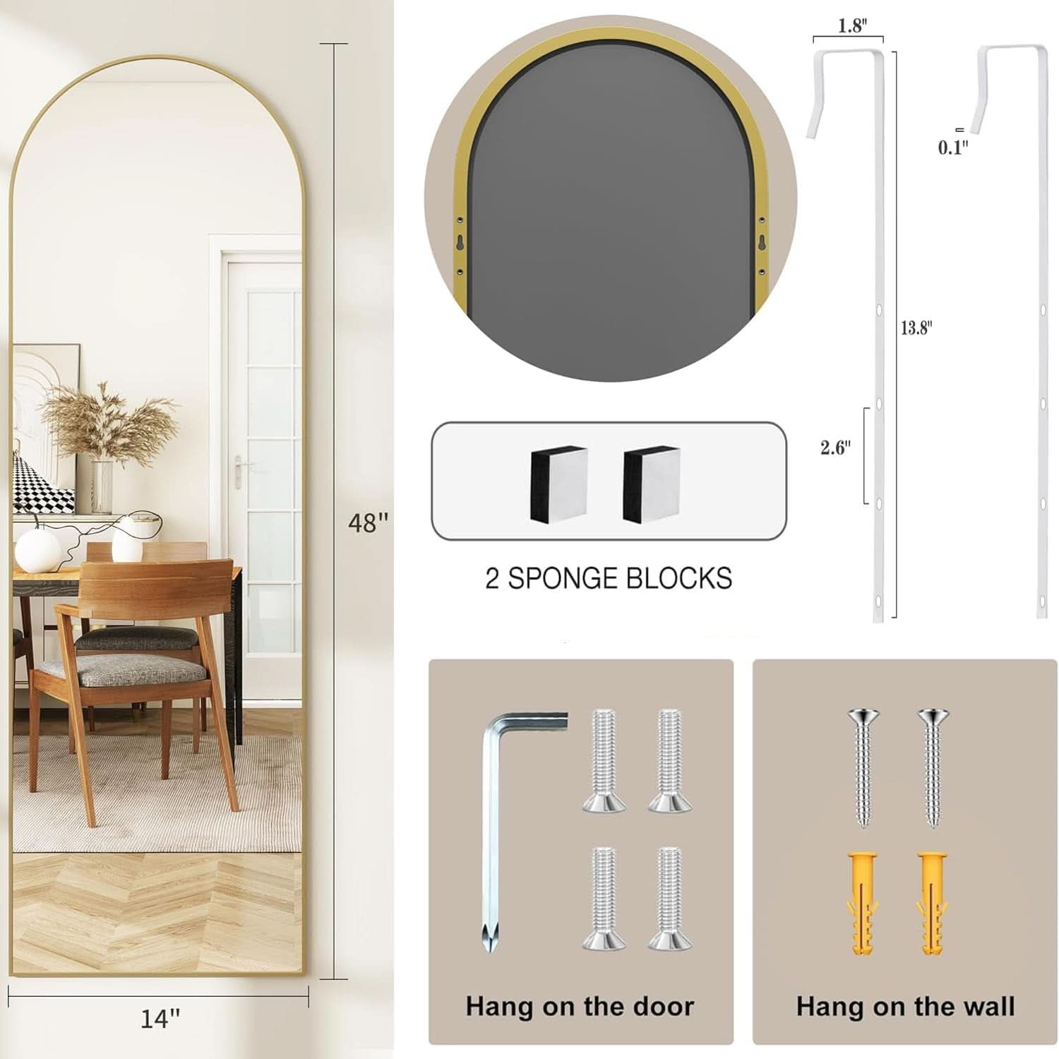 Door Mirror 14 By 48 Inches Gold Hanging Over The Door