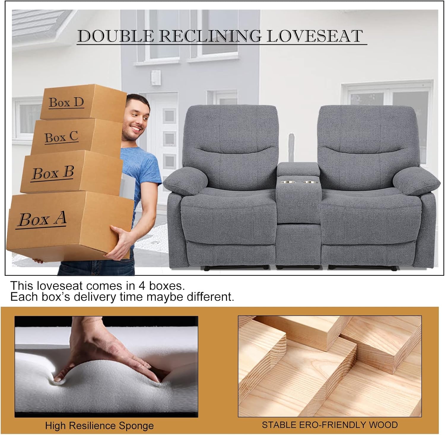 Double Reclining Loveseat With Console In Light Grey Fabric