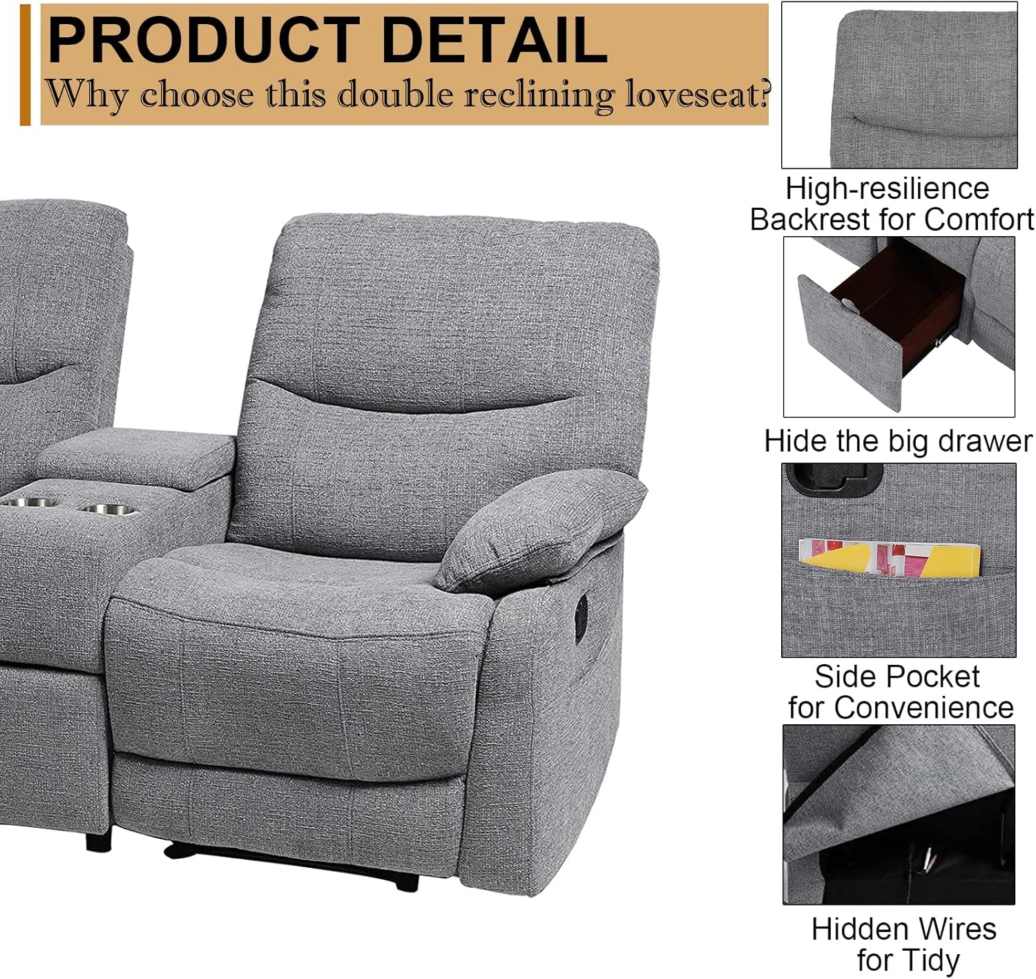 Double Reclining Loveseat With Console In Light Grey Fabric