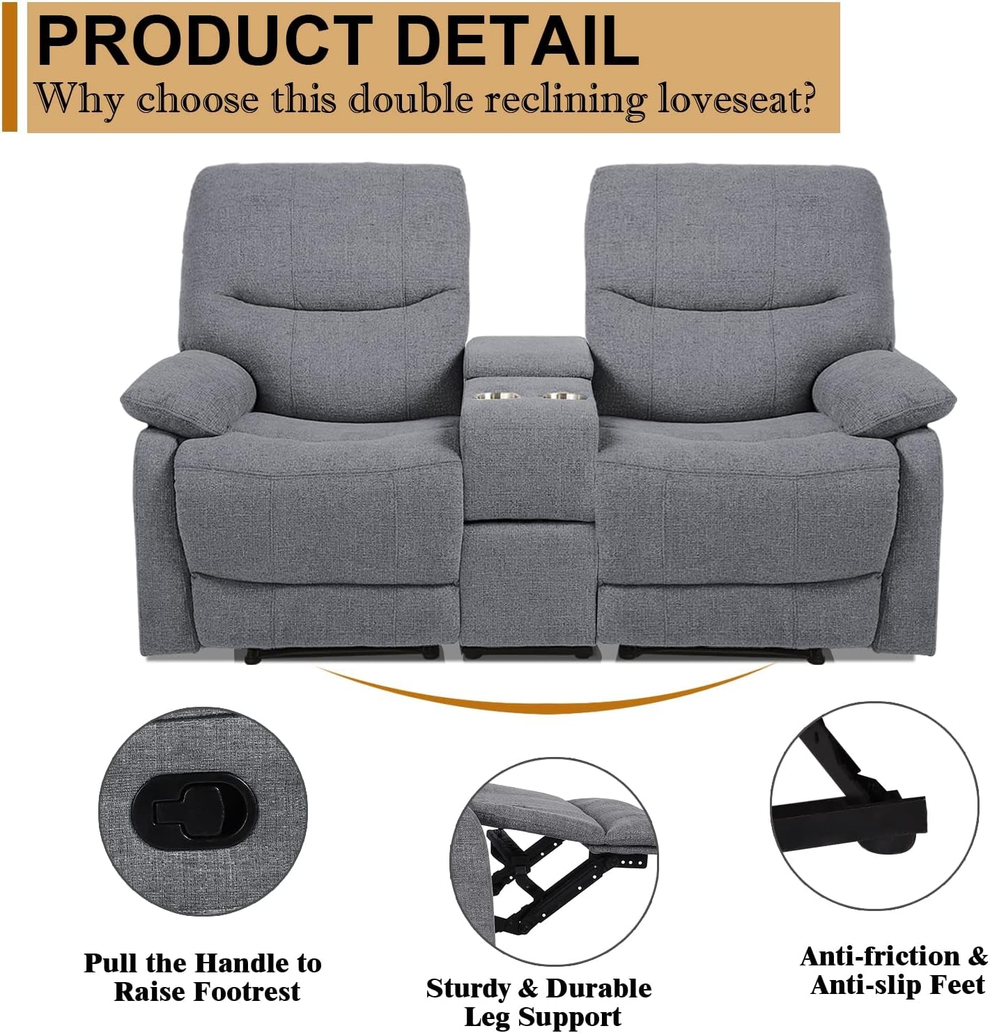 Double Reclining Loveseat With Console In Light Grey Fabric