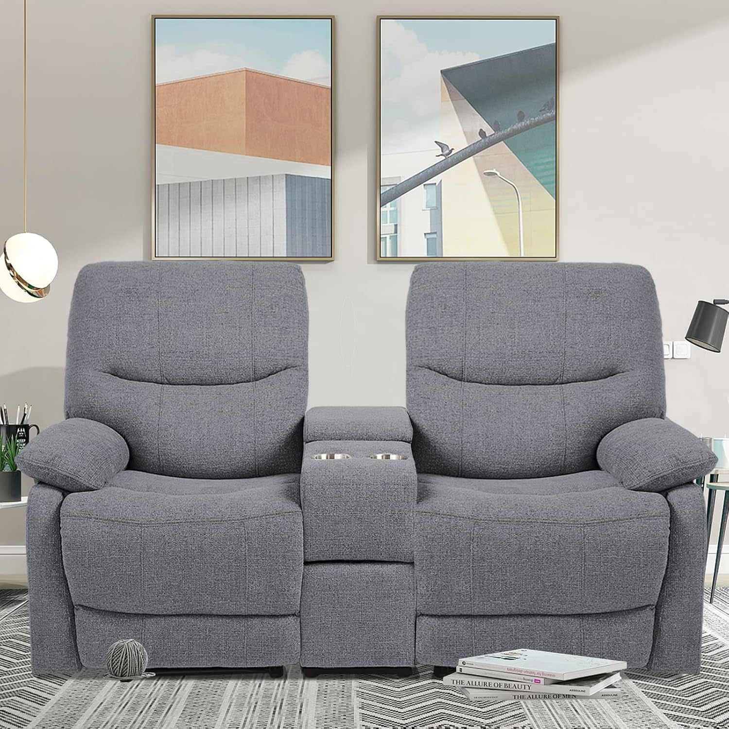 Double Reclining Loveseat With Console In Light Grey Fabric