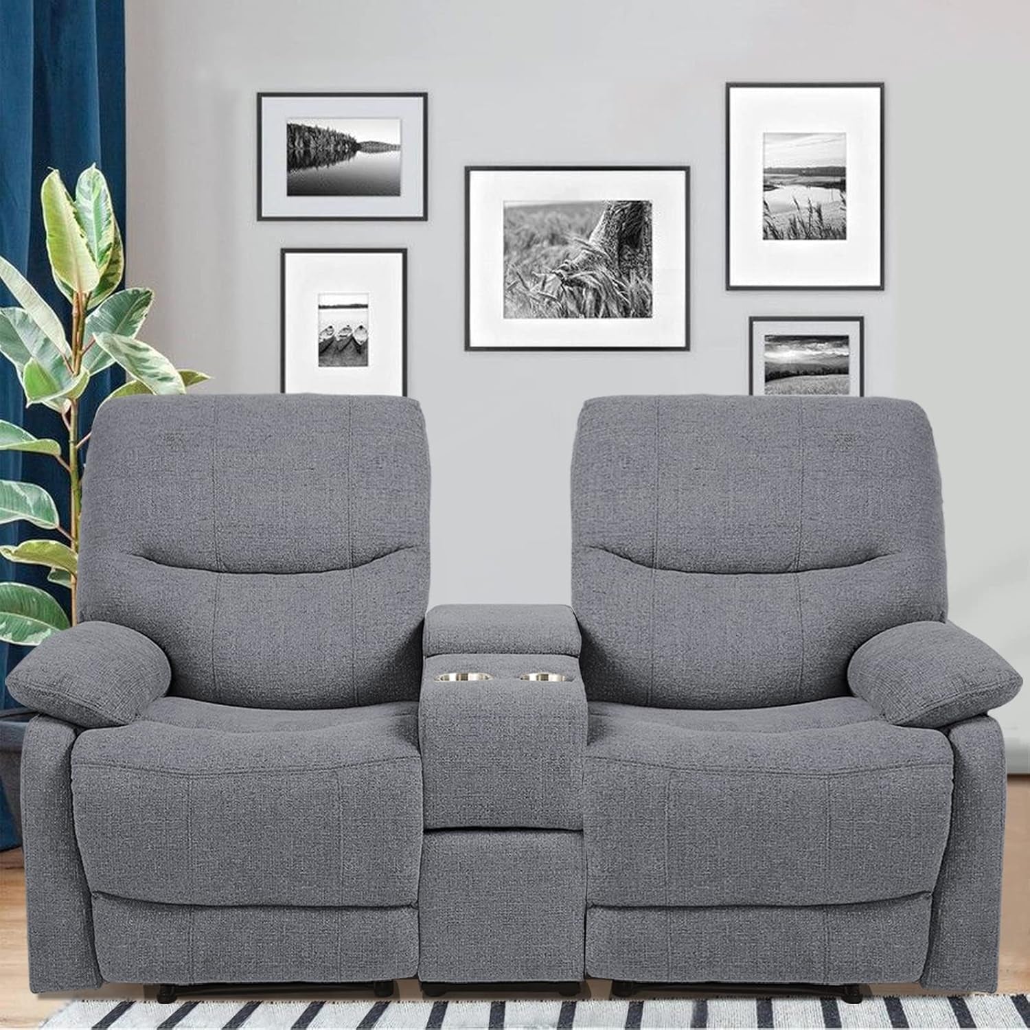 Double Reclining Loveseat With Console In Light Grey Fabric