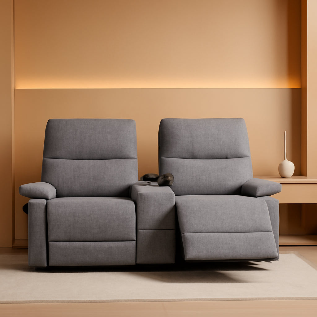 Double Reclining Loveseat With Console In Light Grey Fabric
