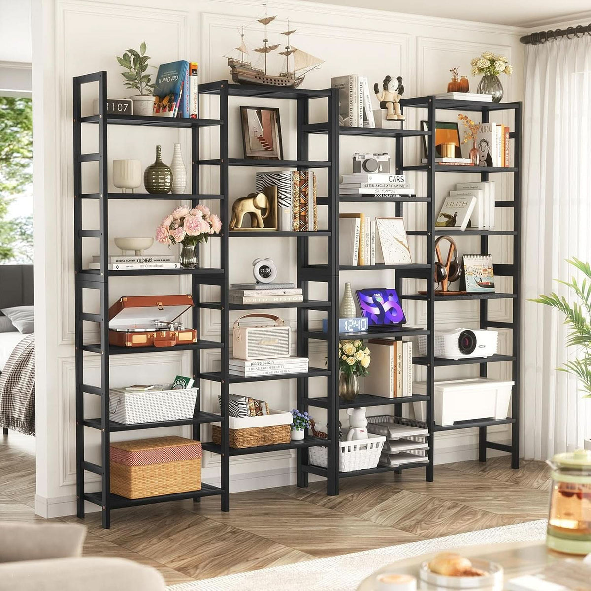 Double Wide Black Bookshelf Freestanding 6 Feet Tall