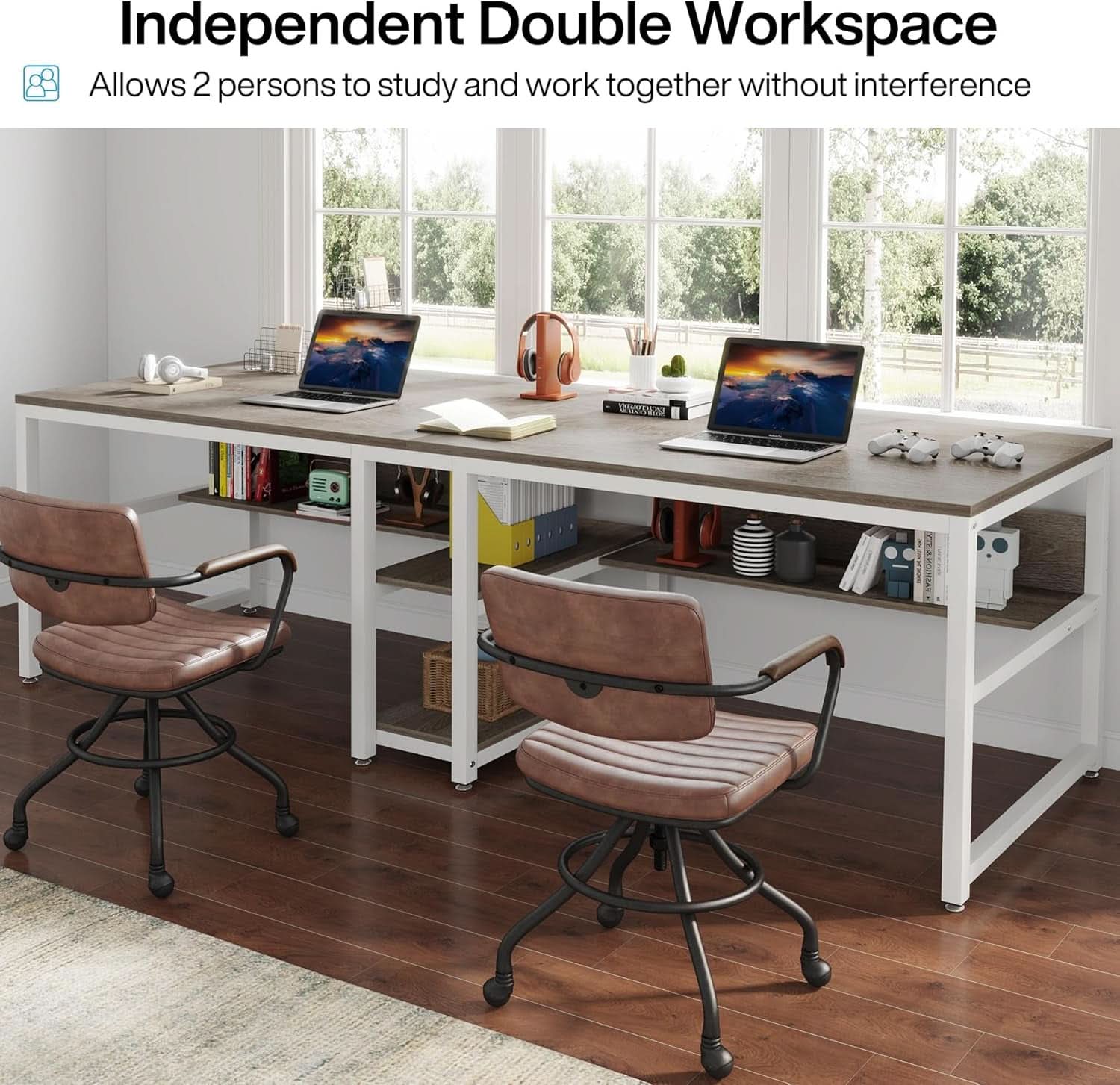 Double Workstation Desk For Two Person With Shelf