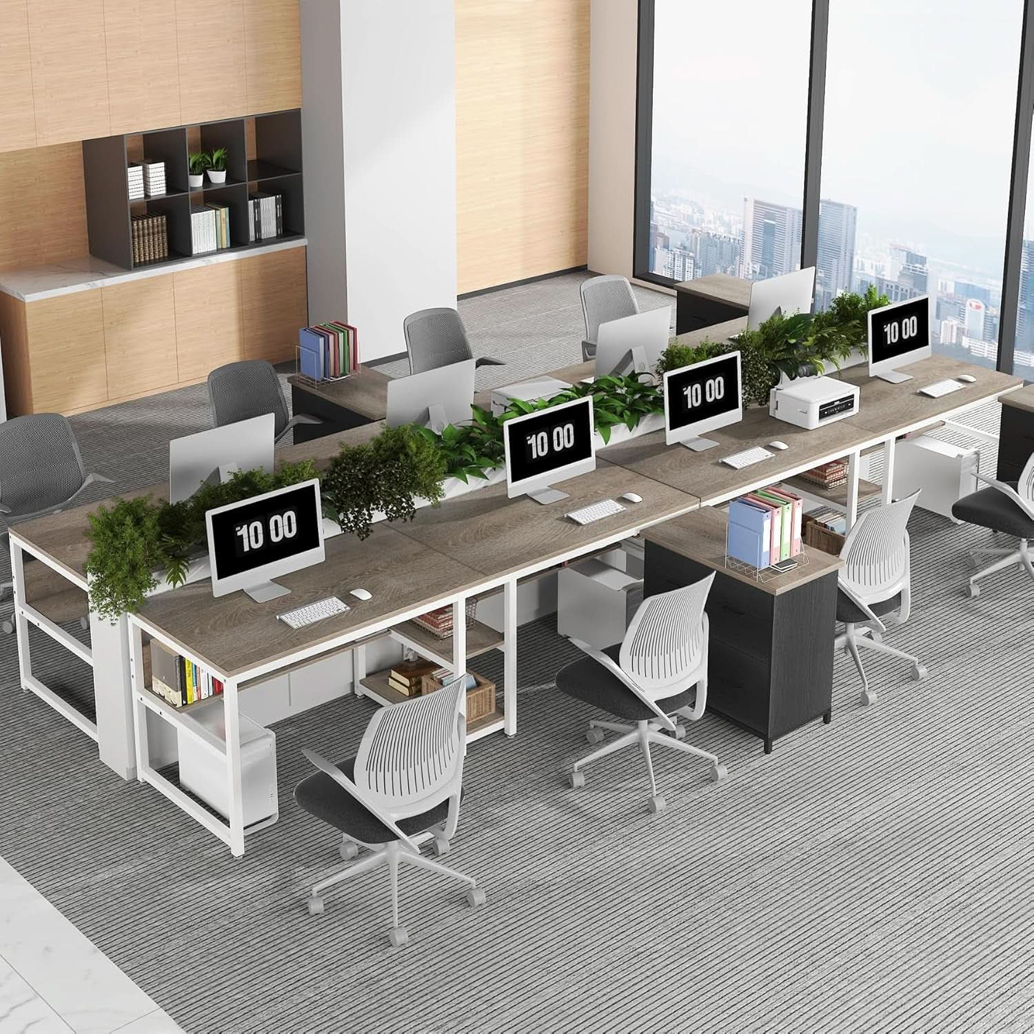 Double Workstation Desk For Two Person With Shelf