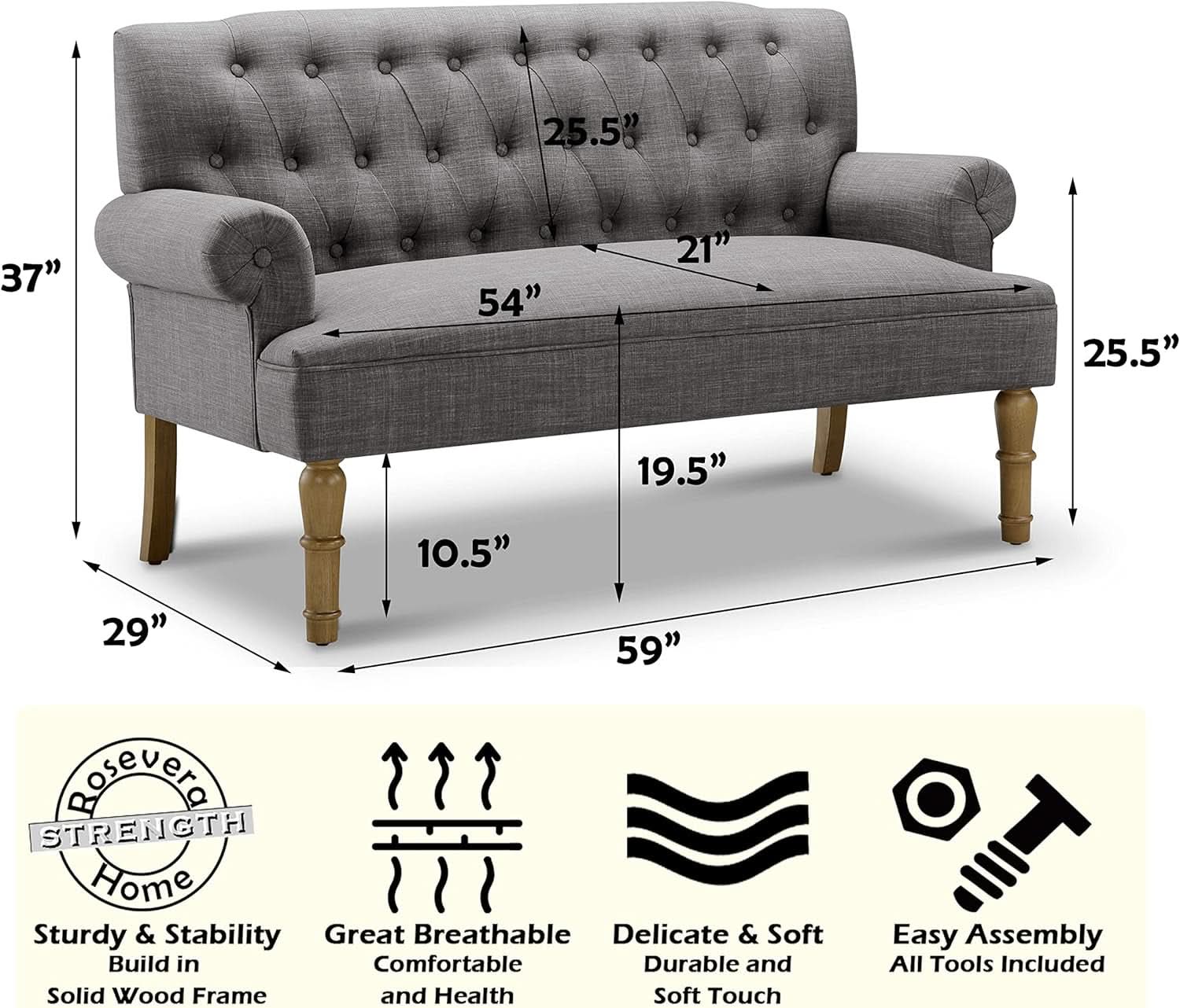 Dove Gray Loveseat Sofa With Button Tufting Sinuous Springs