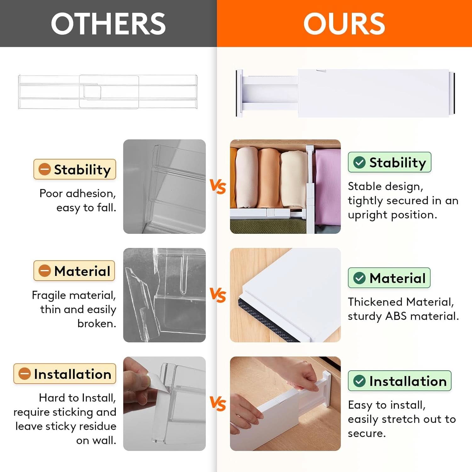 Drawer Dividers 4 In High 11-17 Adjustable White 8 Pack