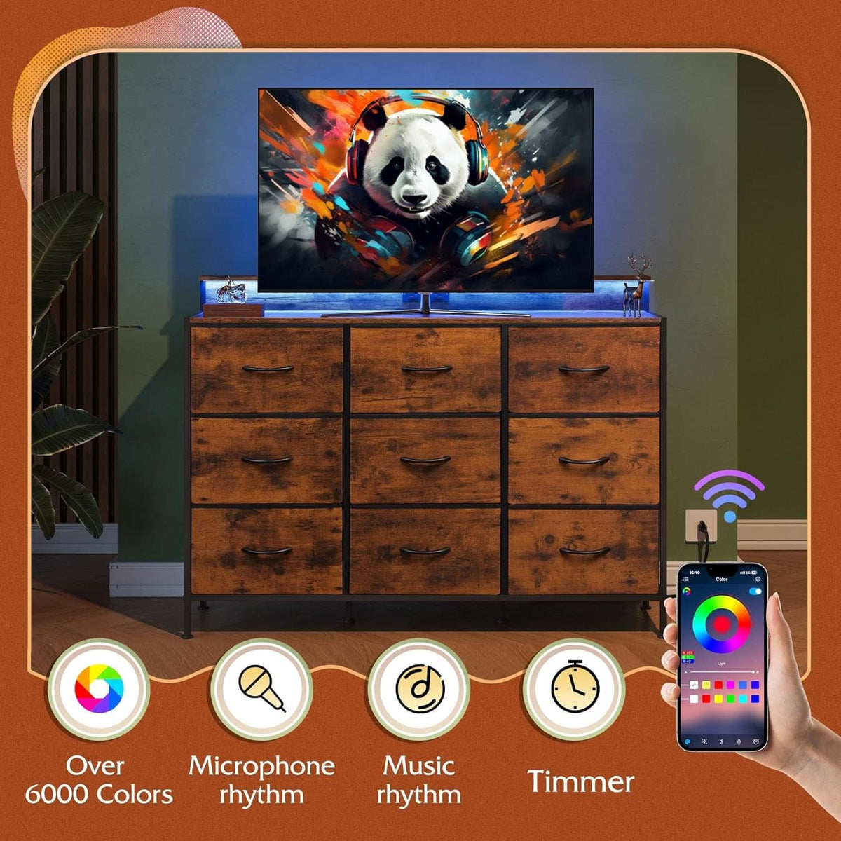 Dresser TV Stand 55 Inch With LED Lights For Bedroom