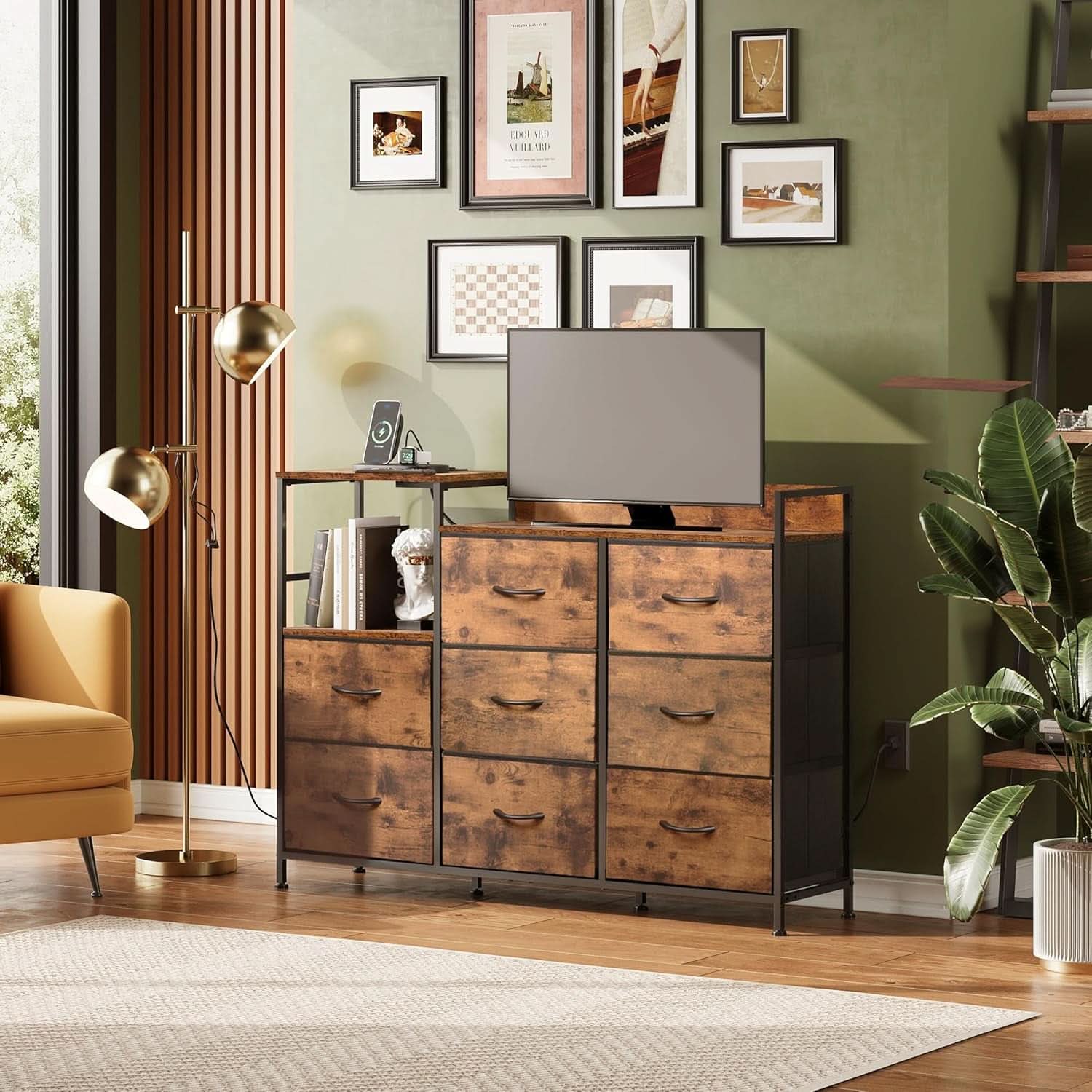 Dresser TV Stand With Charging Station And 8 Fabric Drawers