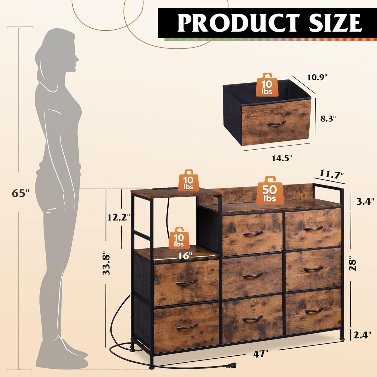 Dresser TV Stand With Charging Station And 8 Fabric Drawers