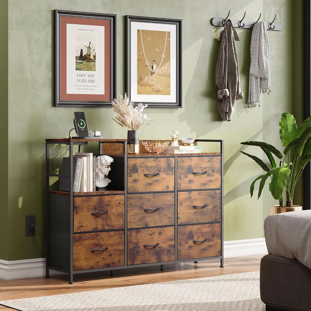 Dresser TV Stand With Charging Station And 8 Fabric Drawers