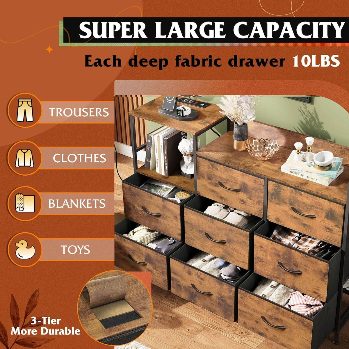 Dresser TV Stand With Charging Station And 8 Fabric Drawers