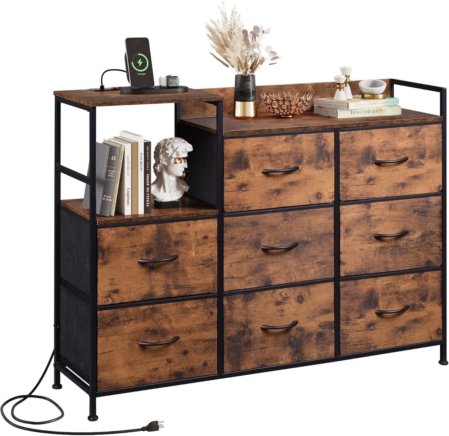 Dresser TV Stand With Charging Station And 8 Fabric Drawers